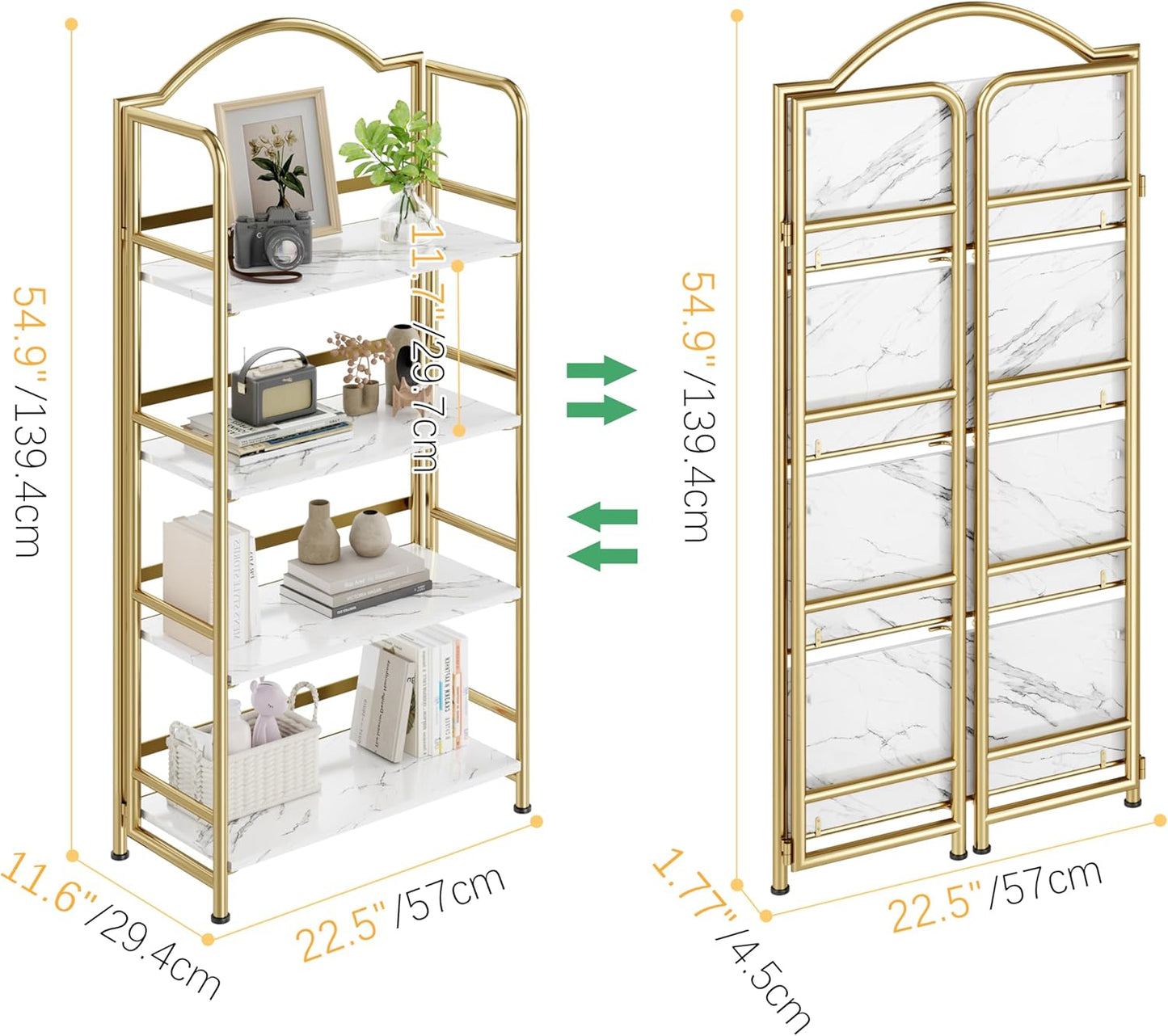 No-Assembly Gold Folding Bookshelf Storage Shelves 4 Tiers Vintage Multifunctional Plant Flower Stand Storage Rack Shelves Bookcase for Home Office