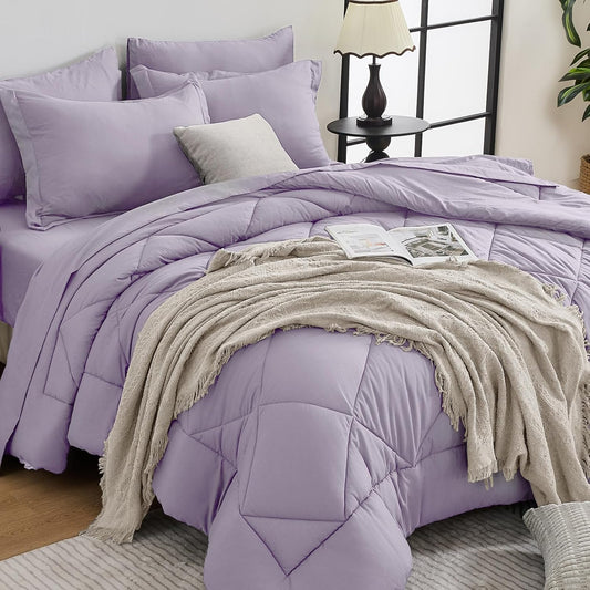 HEVUMYI King Purple Comforter Set - 7-Piece All Season Bed in a Bag King, Ultra Soft Bedding Set with Comforter, Flat Sheet, Fitted Sheet, Pillowcases, Pillow Shams, Lavender Purple