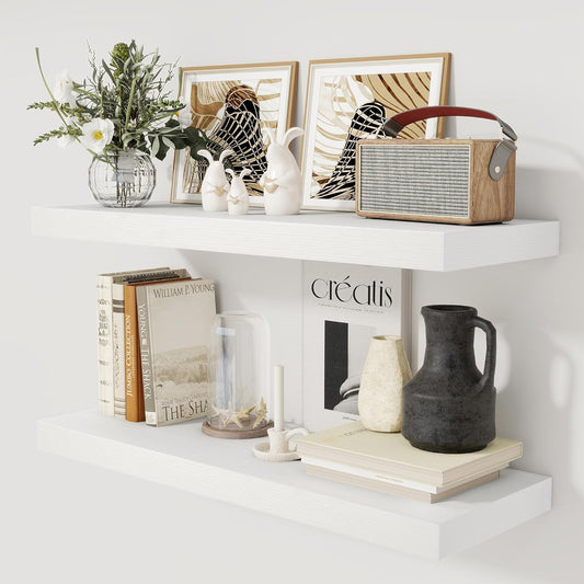 White Floating Shelves 36 Inch Long, 12 Inch Deep Floating Shelves for Wall, 36 x 12 Shelves for Wall Storage & Display, 2" Thick Floating Shelf for Bathroom, Living Room, Bedroom, Set of 2