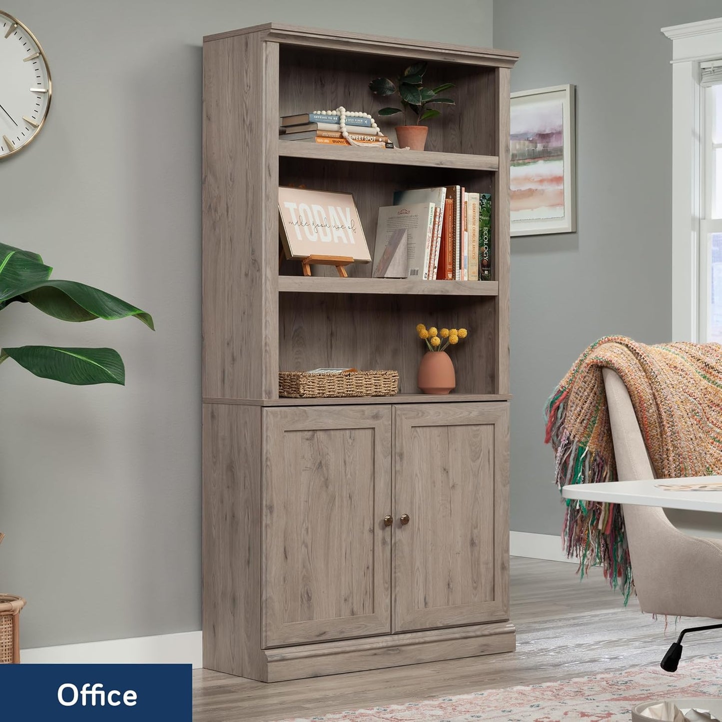Sauder Miscellaneous Storage 5-Shelf Bookcase with Doors, L: 35.28" x W: 13.23" x H: 69.76", Laurel Oak Finish