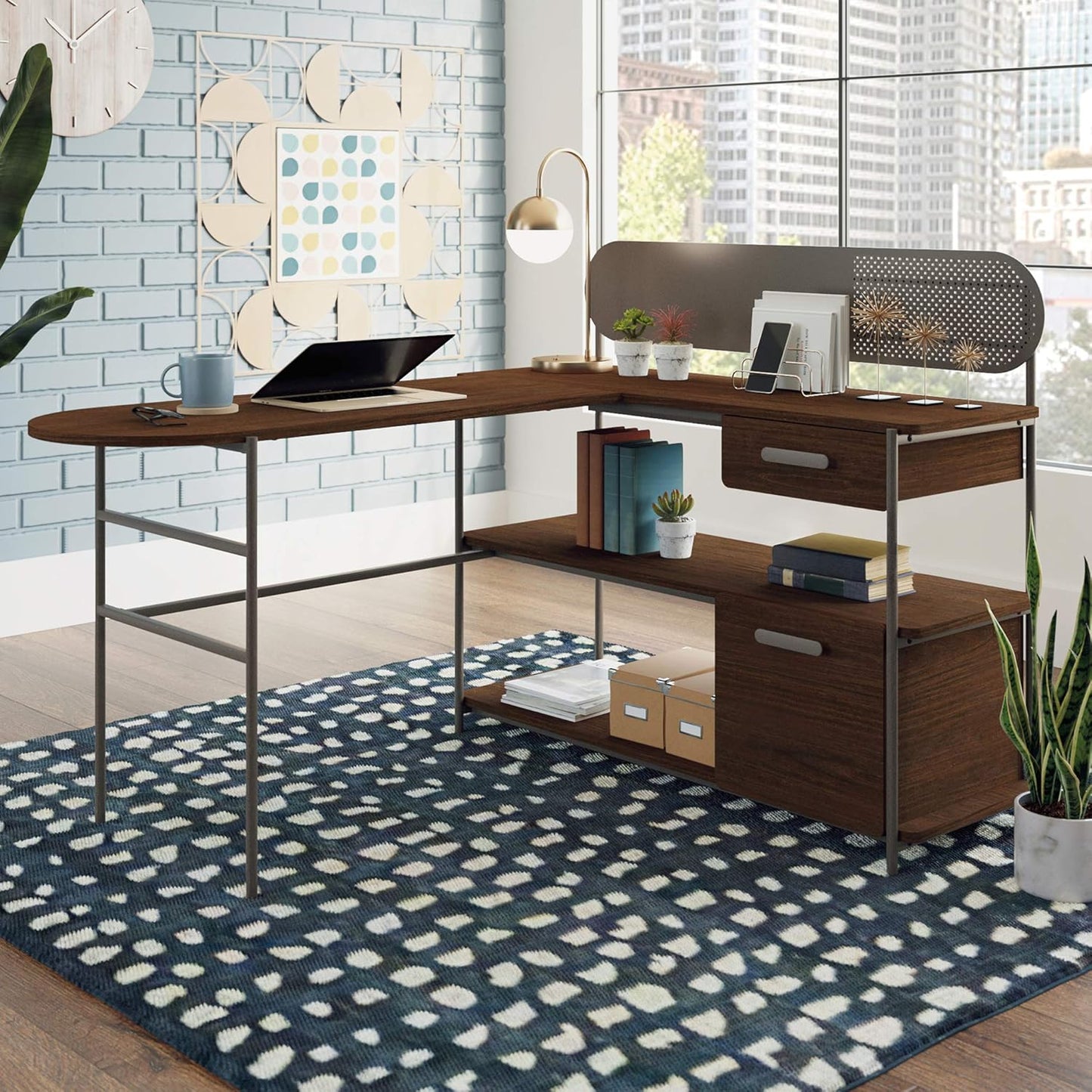 Sauder Radial Modern Metal and Wood L-Shaped Desk, Umber Wood Finish
