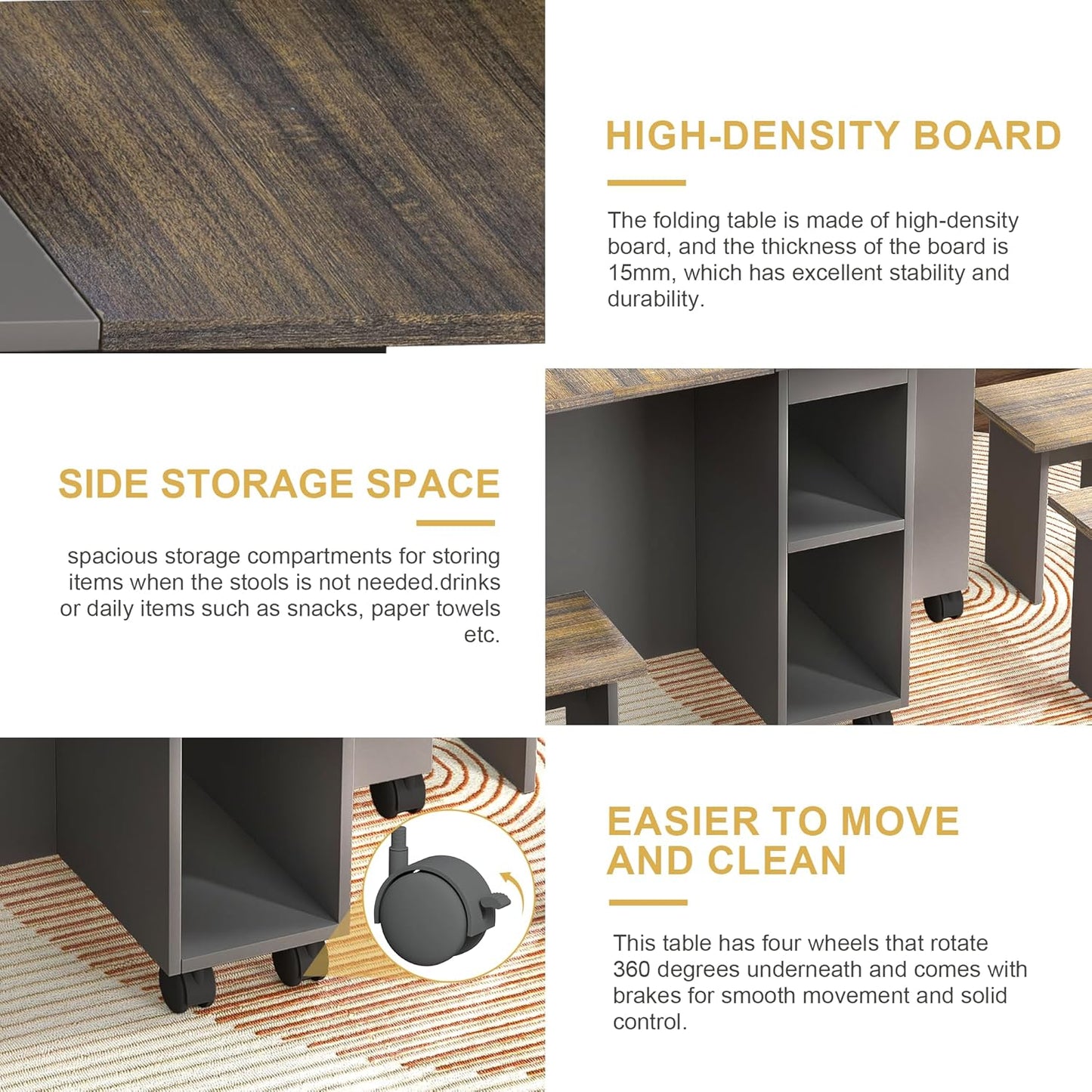 Ball & Cast 5 Pieces Folding Extendable Dining Table Set with 4 Chairs for 4 Peoples,55'' Drop Leaf Wood Kitchen Table Set w/Storage and 6 Wheels,Easy to Assemble,for Small Space,Brown+Gray