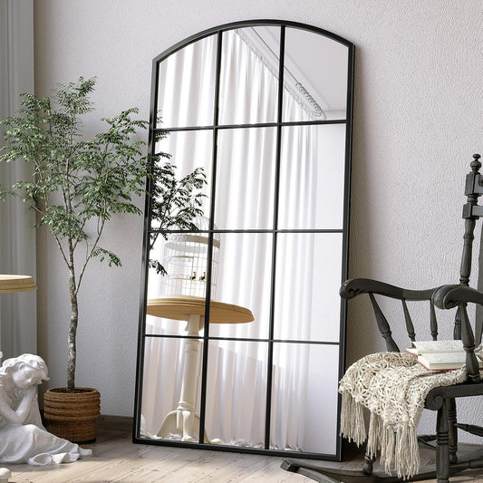 Arched Window Mirror, 24" x 48" Black Window Mirrors for Wall, Tall Farmhouse Grid Mirror for Living Room Bedroom Dining Room Fireplace Hallway Mantle Entryway