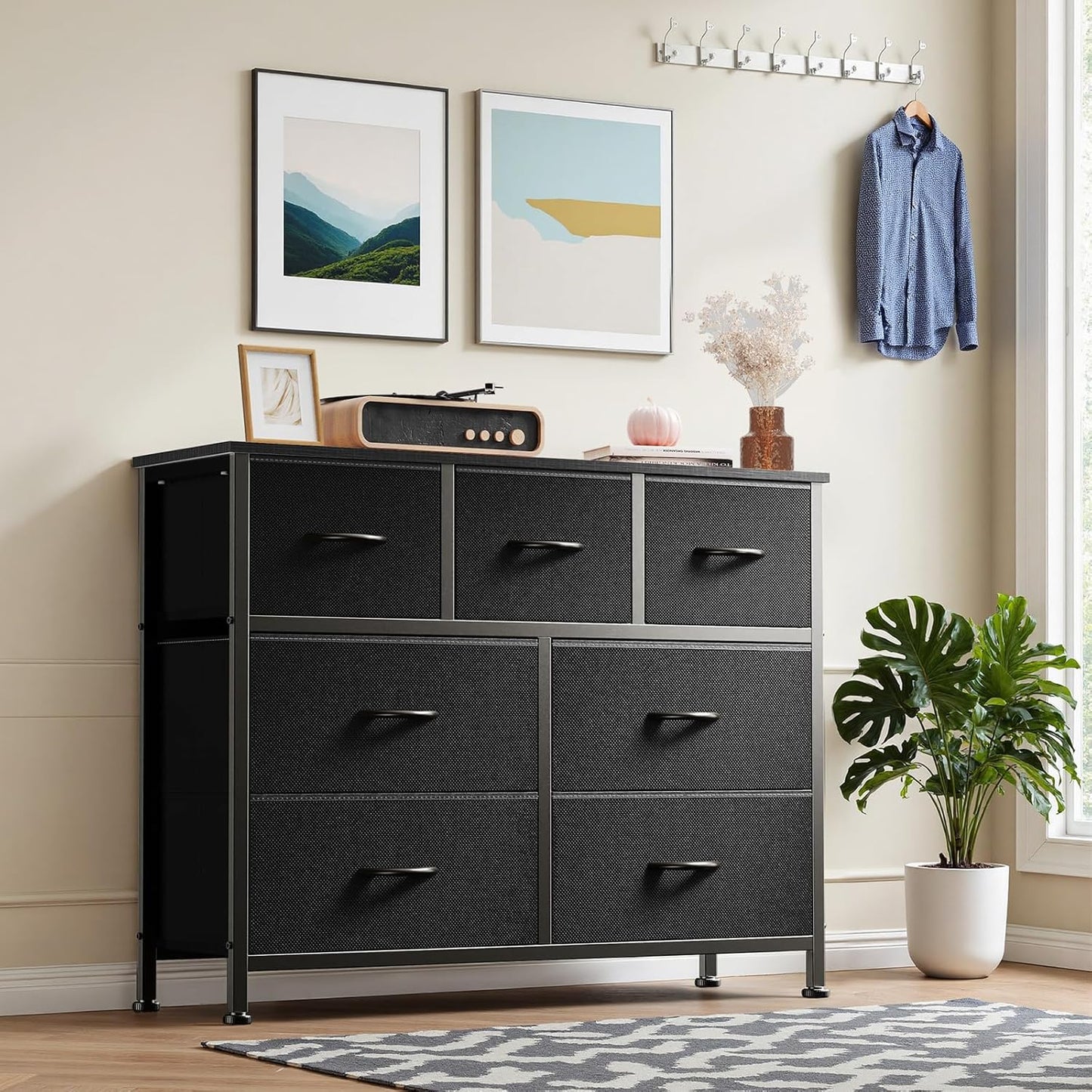 DUMOS Dresser for Bedroom, Chest of Drawers, Closet Storage with 7 Drawers, Cloth Dresser Clothes Organizers Tower with Fabric Bins, Metal Frame, Wood Tabletop for Nursery, Guest Room, Living Room