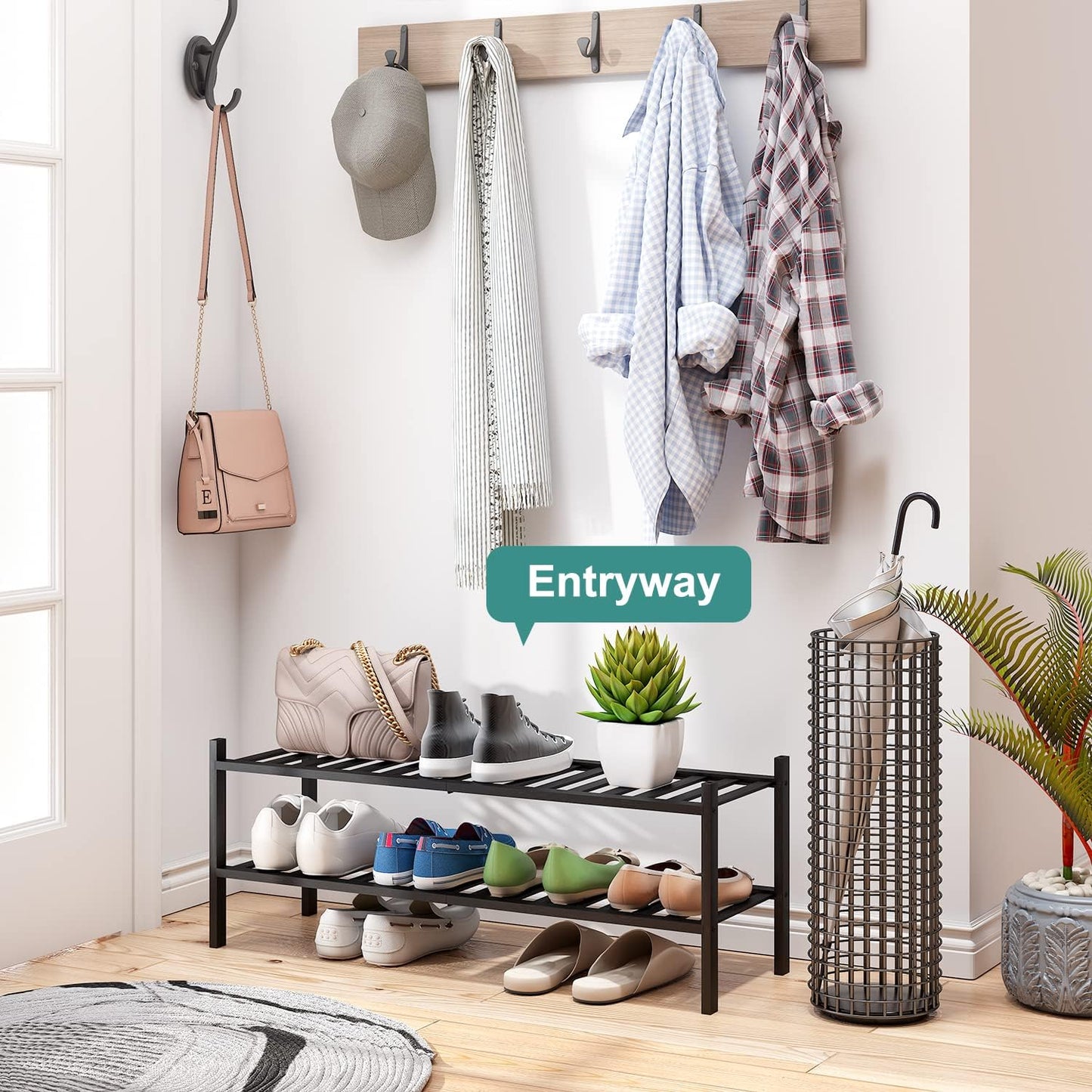 Black Shoe Rack, 2-Tier Long Shoe Rack for Entryway, Bamboo Wood Shoe Shelf for Closet & Hallway, Long 33IN | Beautiful | Functional | Sturdy | Durable