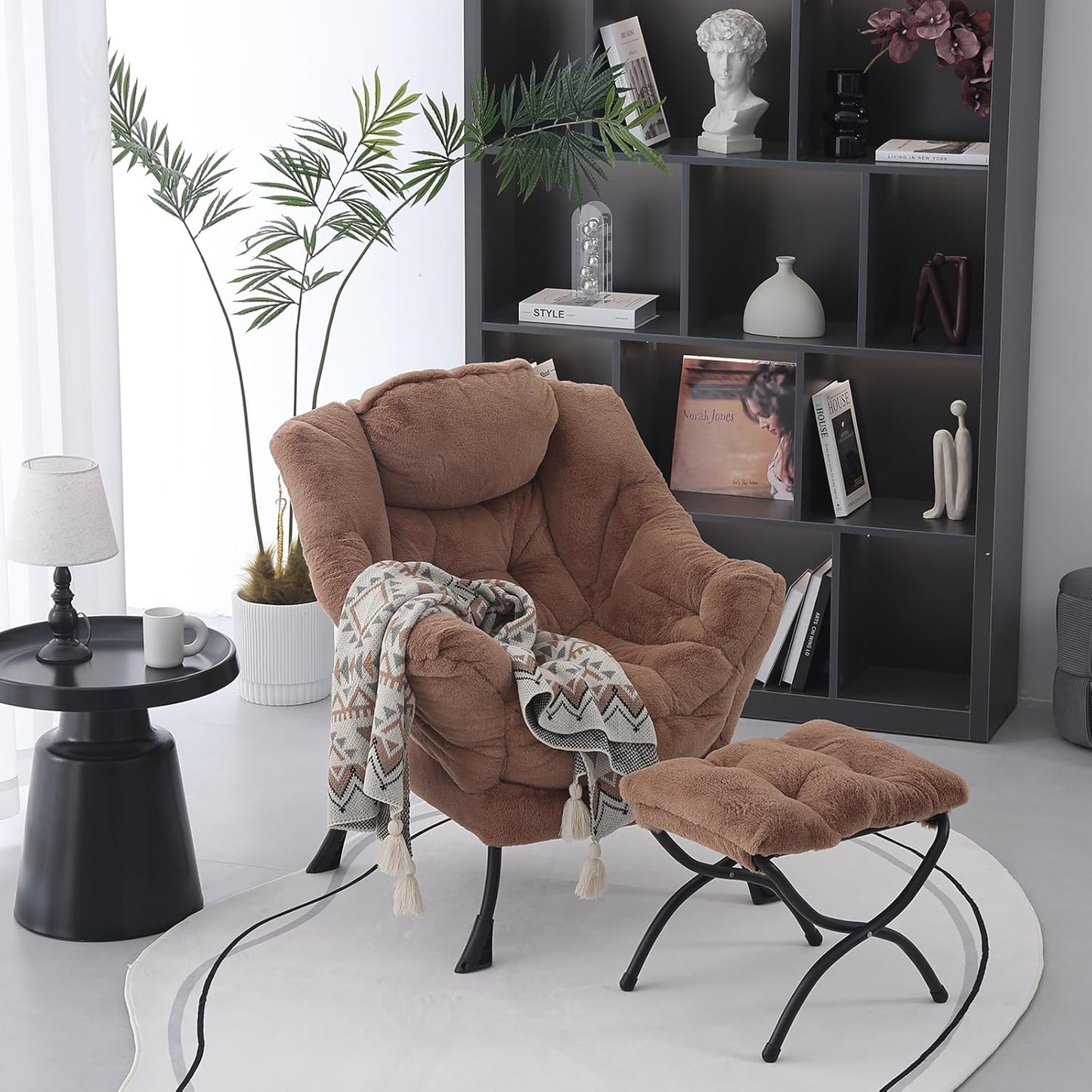 Lazy Chair with Folding Ottoman, Modern Accent Lounge Armchair with Armrests and a Side Pocket & Foldable Footstool, Leisure Reading Chair for Living Room, Bedroom, Dorm & Office, Plush Brown