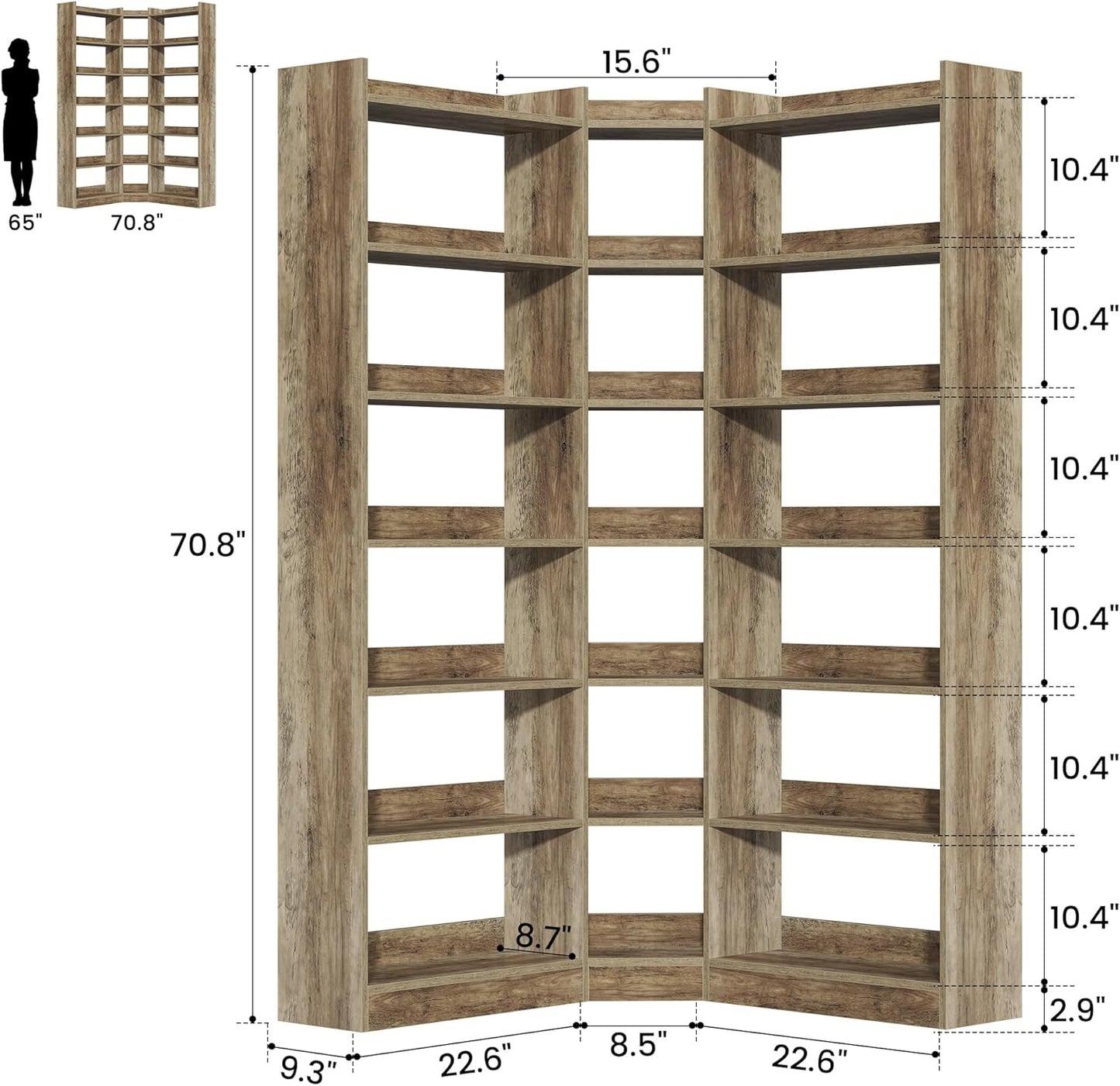 70.8" Tall Corner Bookshelf and Bookcases, 7 Tiers Morden Large Etagere Bookcases Storage Display Rack with Baffle, Industrial L-Shaped Bookshelves for Bedroom, Home Office, Living Room, Brown
