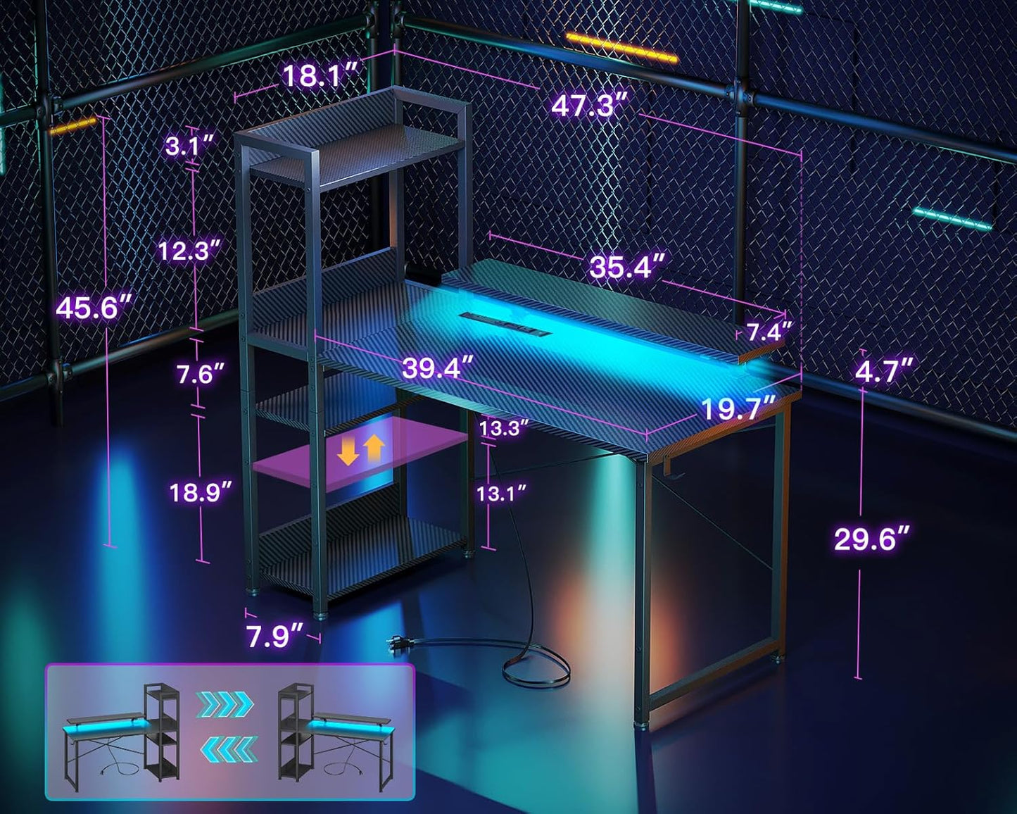 ODK Reversible Gaming Desk with Power Outlets and LED Lights, 48 Inch Computer Desk with Storage Shelves and Monitor Stand, Modern Writing Study Desk for Home Office, Carbon Fiber Black