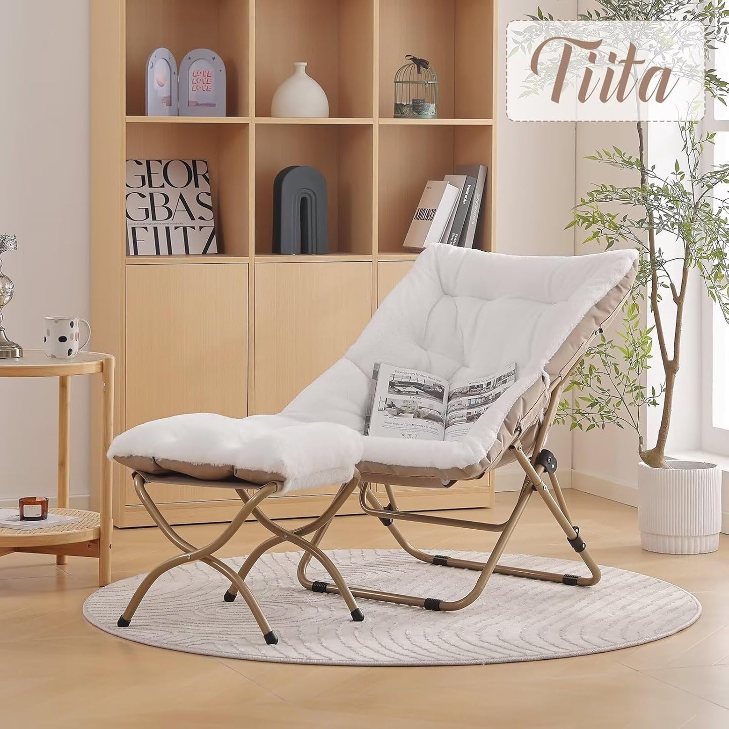 Tiita Comfy Folded Chair, Soft Faux Fur Oversized Folding Accent Chair, Lounge Lazy Chair for Kids Teens Adults, Metal Frame Moon Chair for Bedroom, Living Room, Dorm Rooms