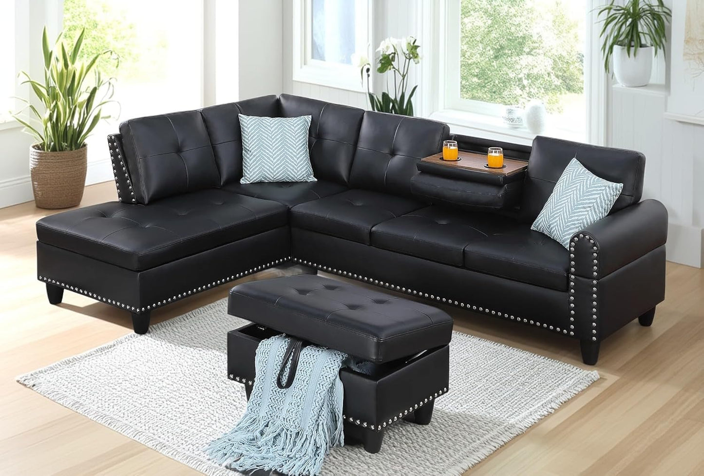 98 Inch L Shaped Sectional Sofa with Chaise Lounge, Storage Ottoman and 2 Pillows, 4-Seaters Faux Leather Upholstered Tufted Couch w/Cupholder & Nailhead Trim for Living Room, Office, Black