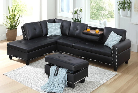 98 Inch L Shaped Sectional Sofa with Chaise Lounge, Storage Ottoman and 2 Pillows, 4-Seaters Faux Leather Upholstered Tufted Couch w/Cupholder & Nailhead Trim for Living Room, Office, Black