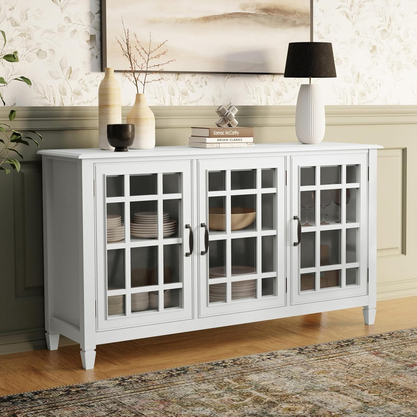 SIMPLIHOME Connaught SOLID WOOD 60 inch Wide Traditional Wide Storage Cabinet Buffet in White for the Living Room, Entryway and Family Room
