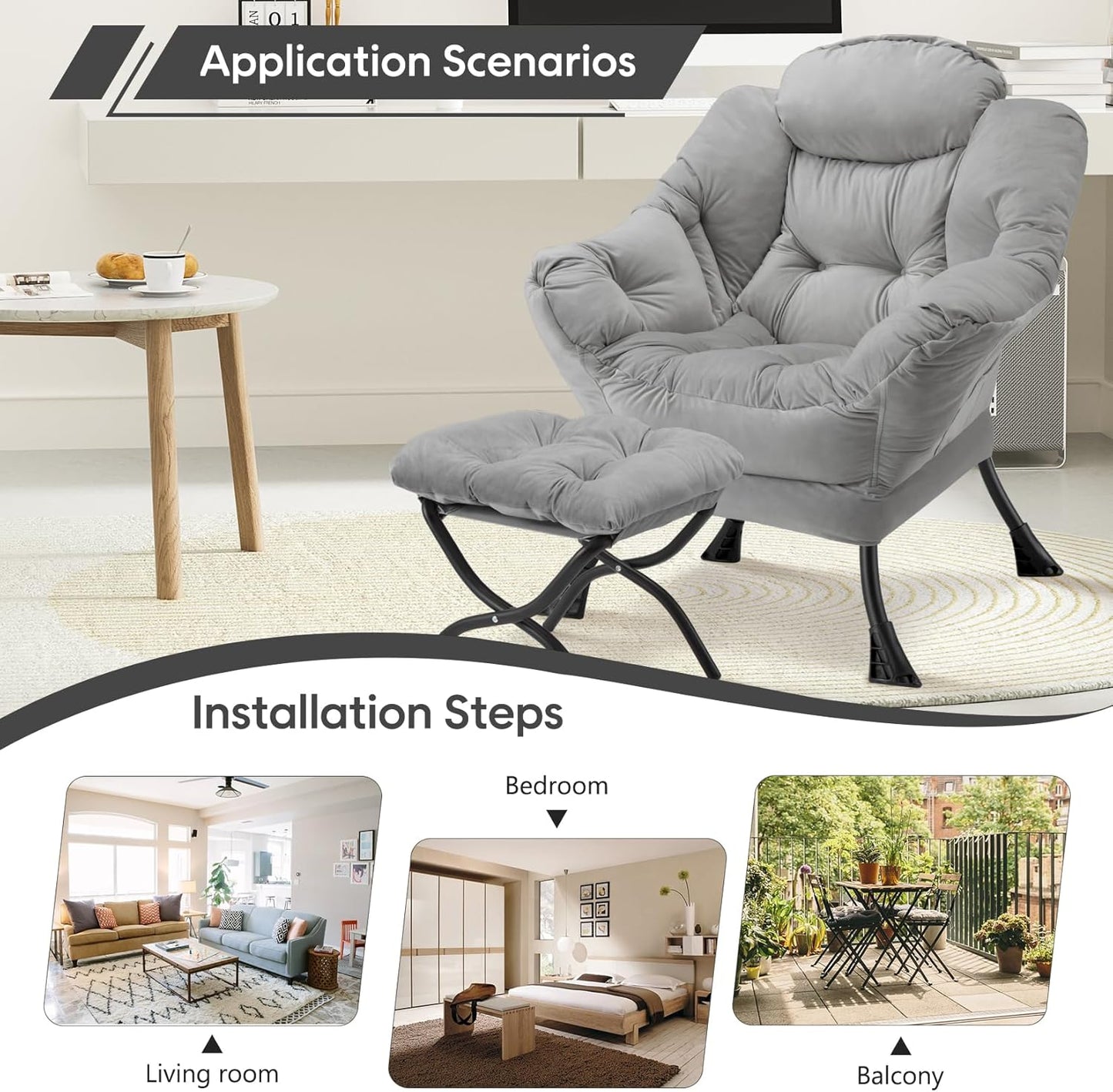 Lazy Chair with Folding Ottoman Modern Large Accent Chair,Contemporary Lounge Leisure Sofa Chair with Armrests Upholstered Sofa Armchair Reading Chair for Bedroom,Dorm&Office (Light Grey-f)