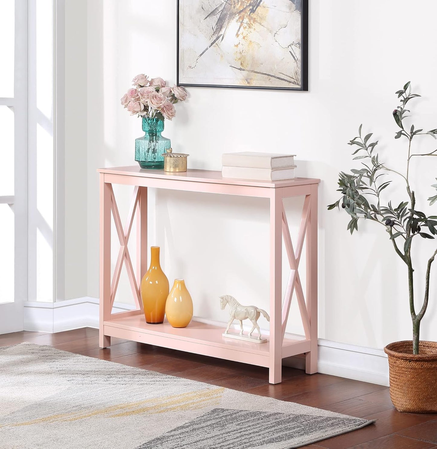 Convenience Concepts Oxford Console Table 39.5" - Sofa Table with Storage Shelf, Transitional Entryway Hall Table for Living Room and Bedroom, Display Foyer Table, Blush Pink