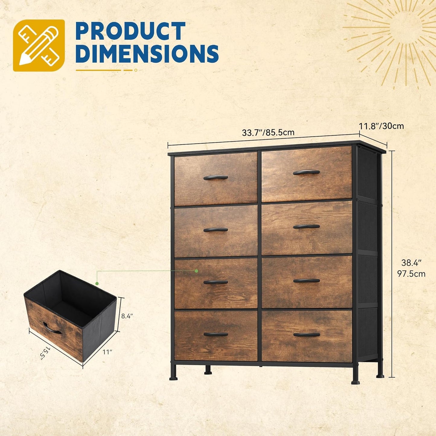 DWVO Fabric Dresser for Room, Tall Storage 8 Drawers, Black Dresser & Chest of Drawers, Storage Drawer Organizer for Closet, Living Room