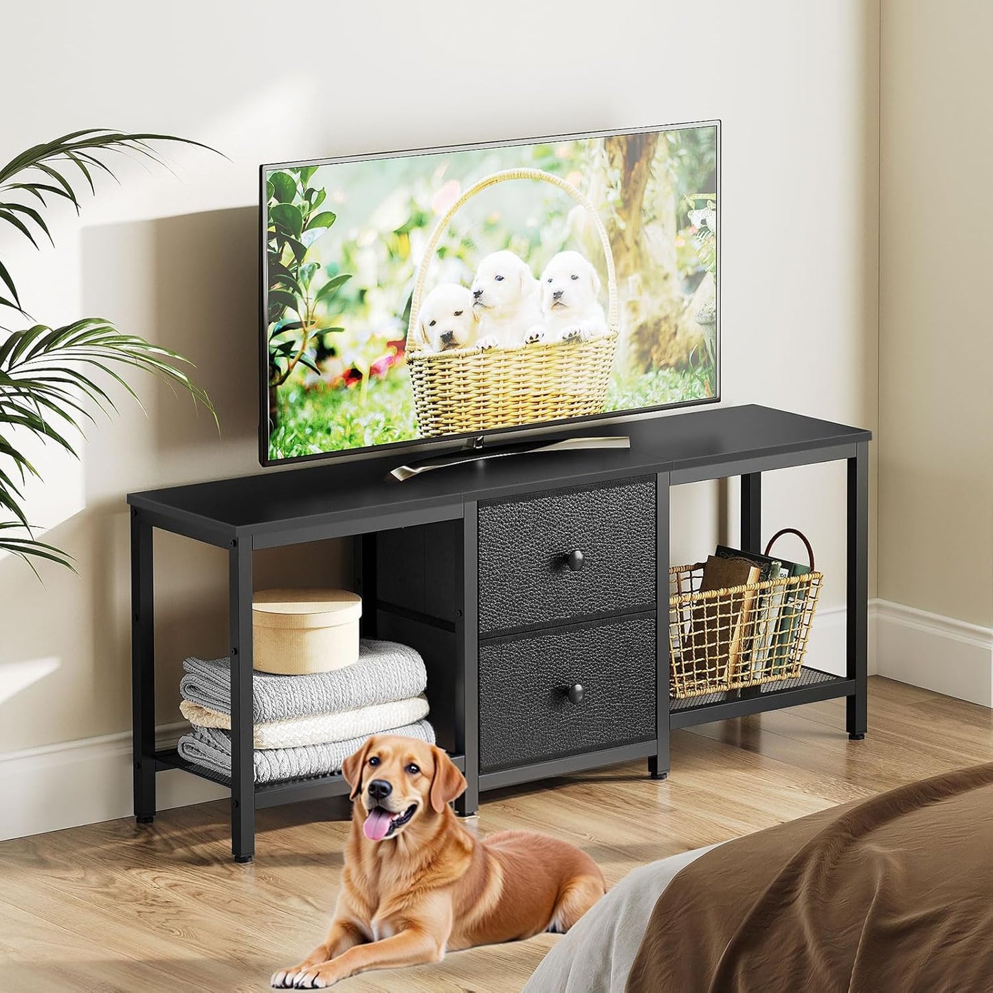 TV Stand for TVs up to 55", Entertainment Center with 2 Fabric Drawer, Media Console with Shelves, Television Stands for Living Room, Bedroom, Black DS02BB