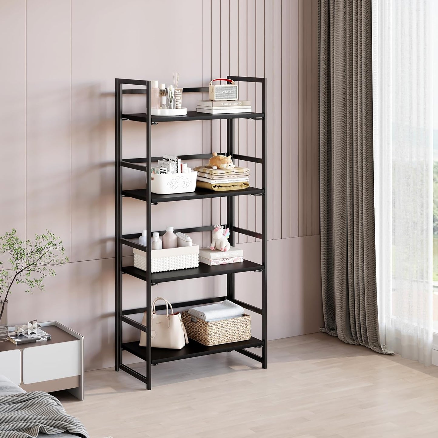 BHG Vintage Multifunctional Folding Bookshelf, No-Assembly Plant Stand Storage Rack Shelves for Home Office (All Black, 4-Tier)