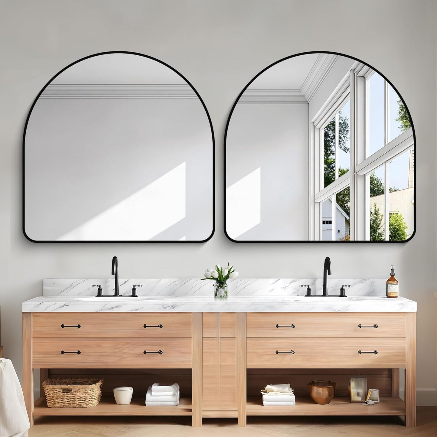 Arched Bathroom Mirror, 40"x40" Black Arched Mirror for Bathroom, Wall Mounted Mirror, Black Vanity Wall Mirror w/Metal Frame for Bedroom, Entryway, Living Room, Hanging or Leaning Against Wall
