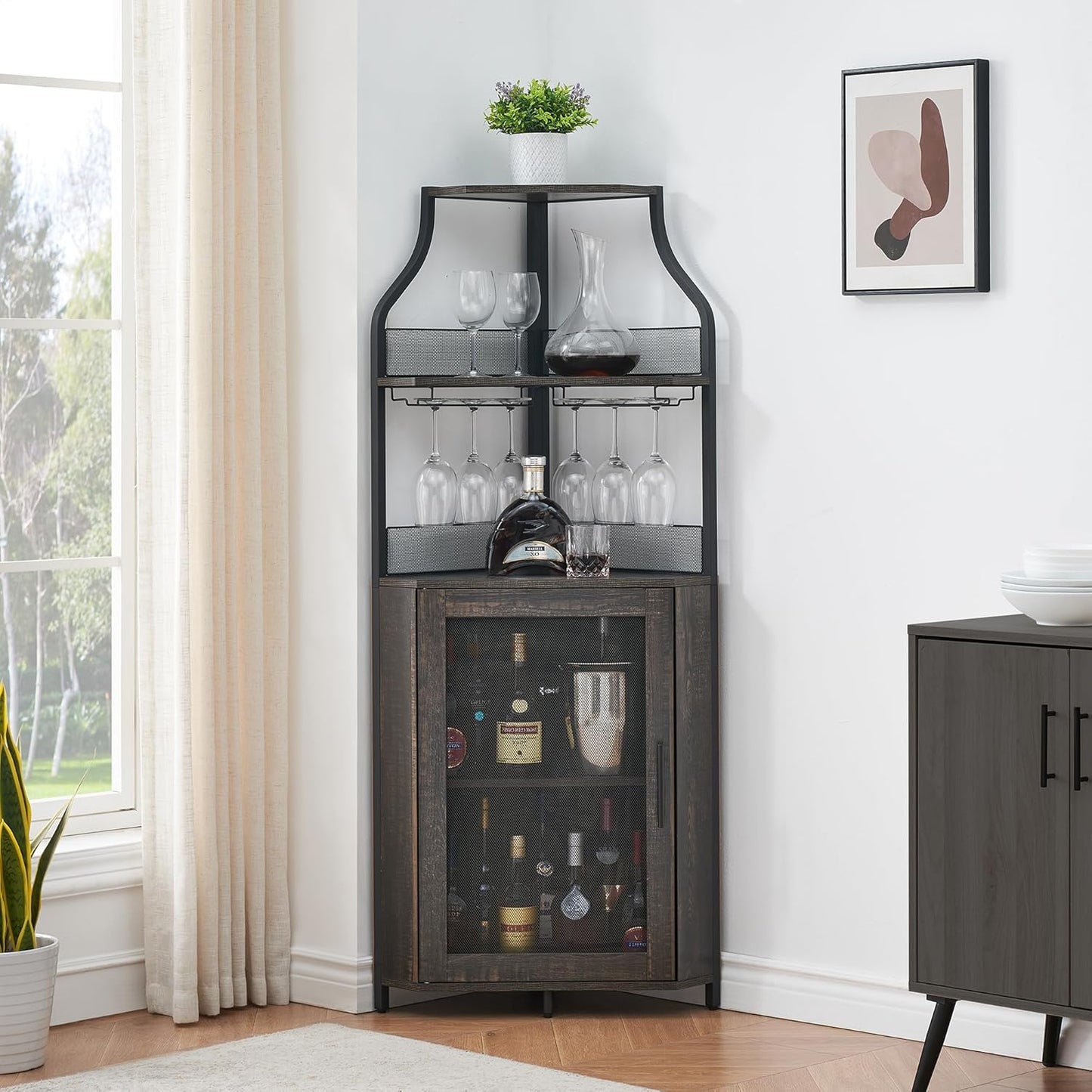 GarveeHome Corner Wine Bar Rack Cabinet with Detachable Wine Rack, Home Bar Cabinet with Barn Door and Adjustable Shelf, Wine Bar Cabinet and Buffet Cabinet with Mesh Door, Fire Wood