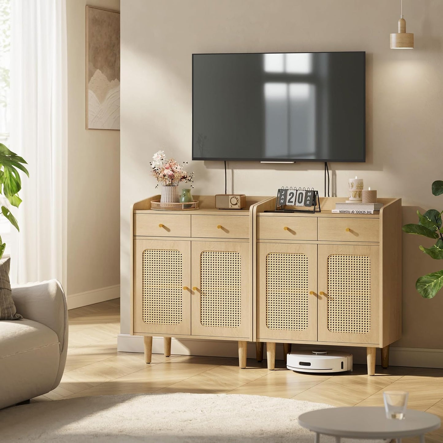 VASAGLE BOHOVEN Collection - Buffet Cabinets, Set of 2, Sideboard Storage Cabinets with Rattan-Like Doors and Drawers, Accent Cabinets, Adjustable Shelf, Boho Style, for Living Room, Oak Beige