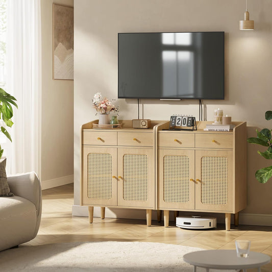 VASAGLE BOHOVEN Collection - Buffet Cabinets, Set of 2, Sideboard Storage Cabinets with Rattan-Like Doors and Drawers, Accent Cabinets, Adjustable Shelf, Boho Style, for Living Room, Oak Beige