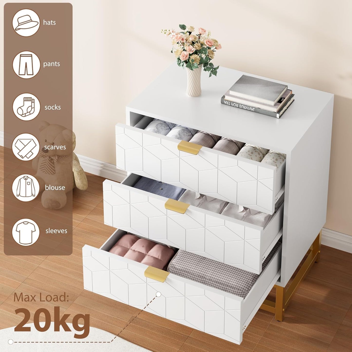 GAOMON 3 Drawer Dresser, Wood Chest Drawers with Storage for Closet, Bedroom, Drawers Dresser Modern Bedside Nightstand with Gold Handles, White