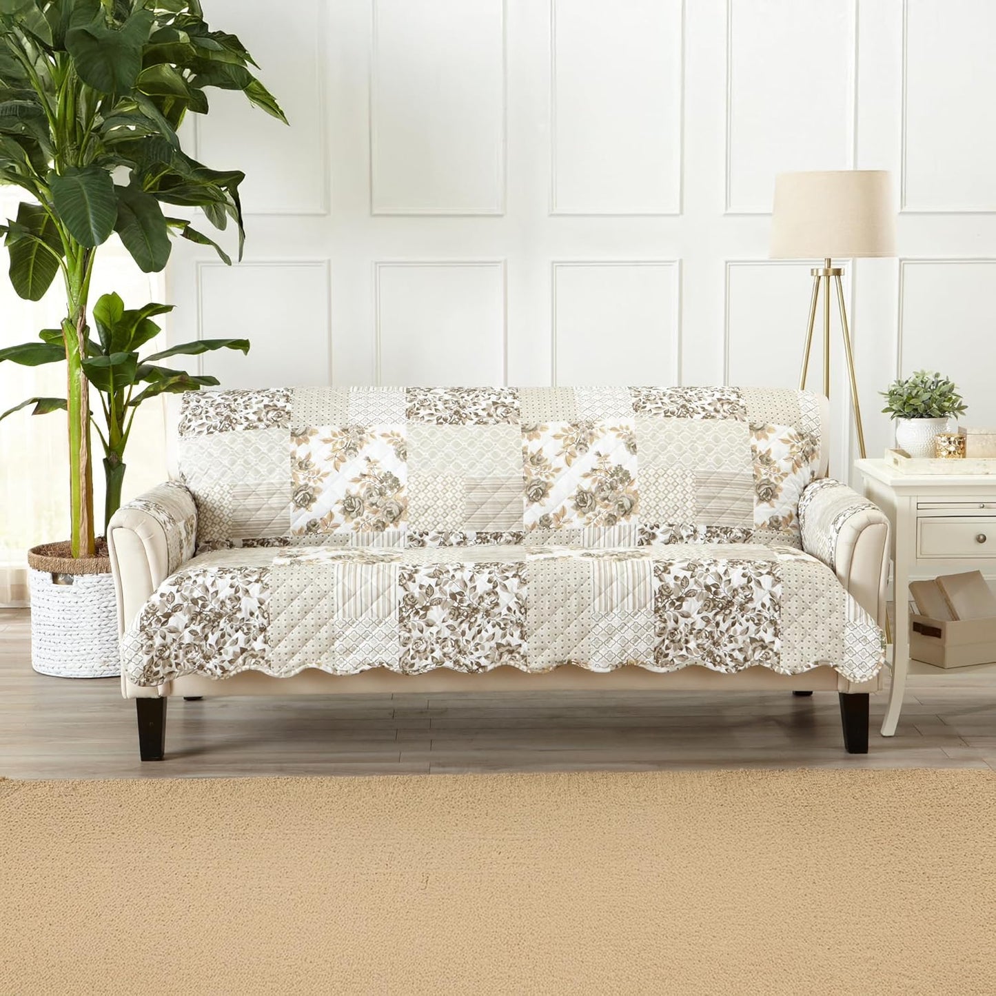 Great Bay Home Patchwork Scalloped Printed Furniture Protector Stain Resistant Sofa Cover (Sofa, Taupe)