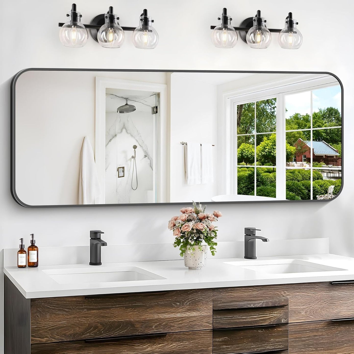Bathroom Mirror, 60 x 24 inch Metal Framed Black Rectangle Mirror, Rounded Corner Rectangular Vanity Mirror, Large Wall Mounted Mirror for Modern Bedroom Living Room Horizontal or Vertical