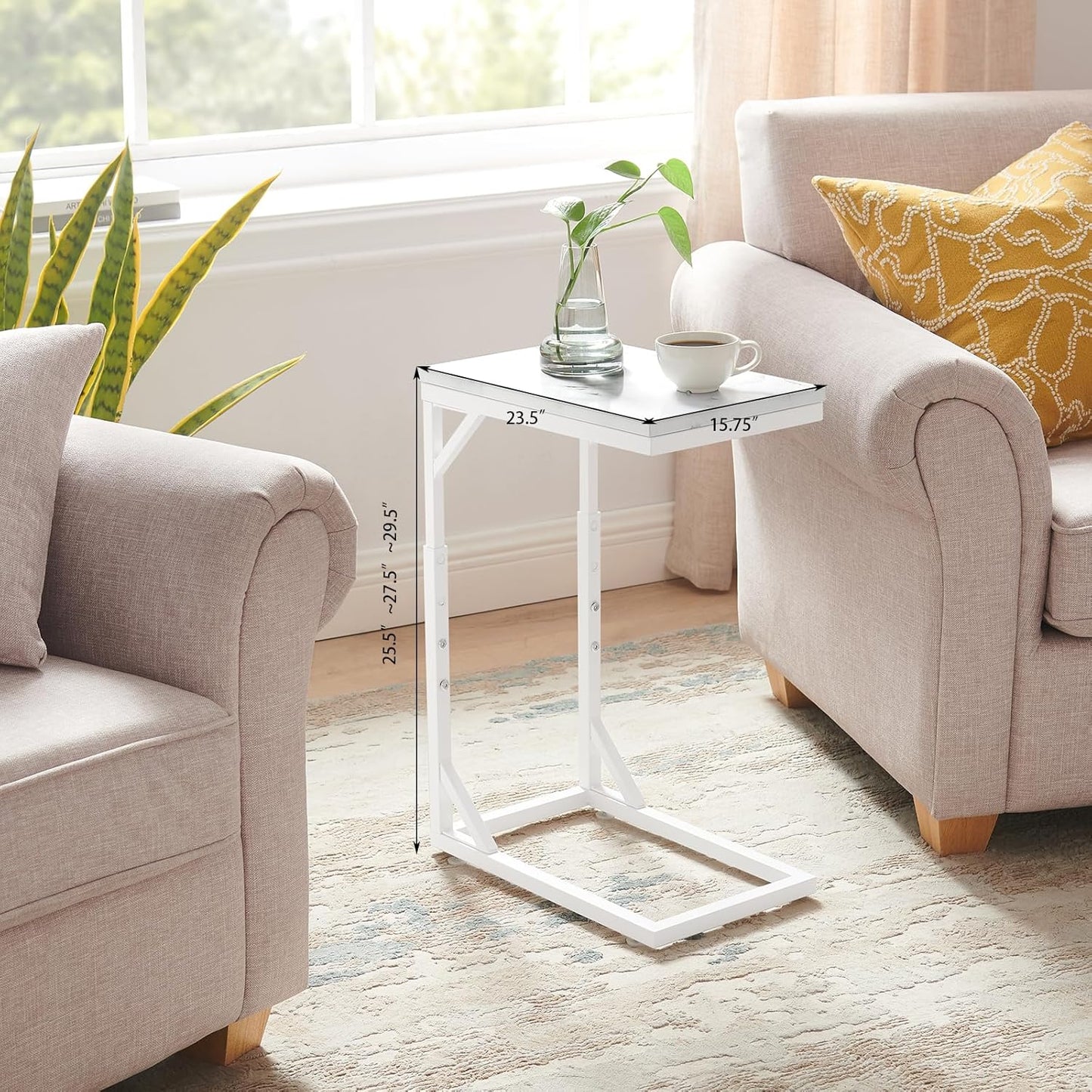 C-Shaped End Table, Small Sofa Table with Metal Frame, Adjustable Height Side Table for Couch, Living Room, Bedroom, Bedside (White, Large)
