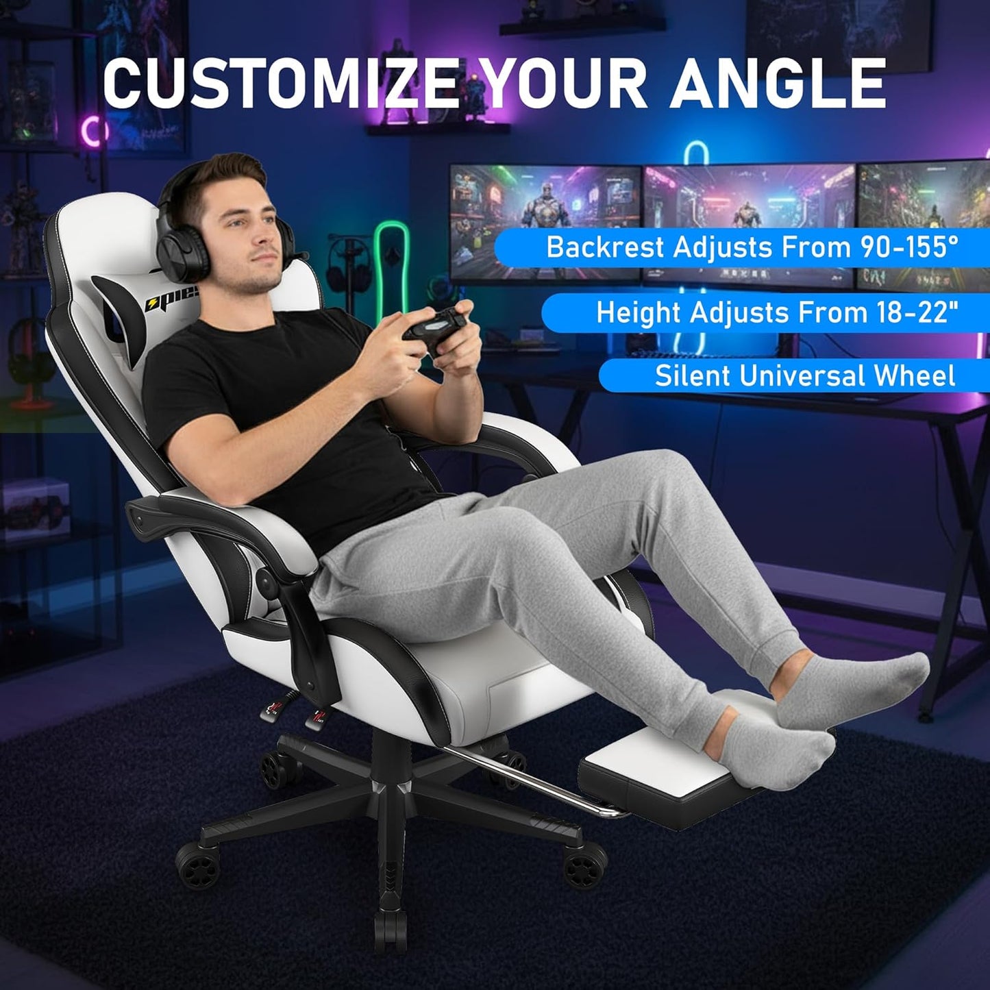 Gaming Chair,Ergonomic Computer Chairs for Adults with Footrest, PU Leather Office Chair with Adjustable Lumbar Support & Pocket Spring Cushion - Heavy Duty 400lb Capacity Gamer Chair (White)