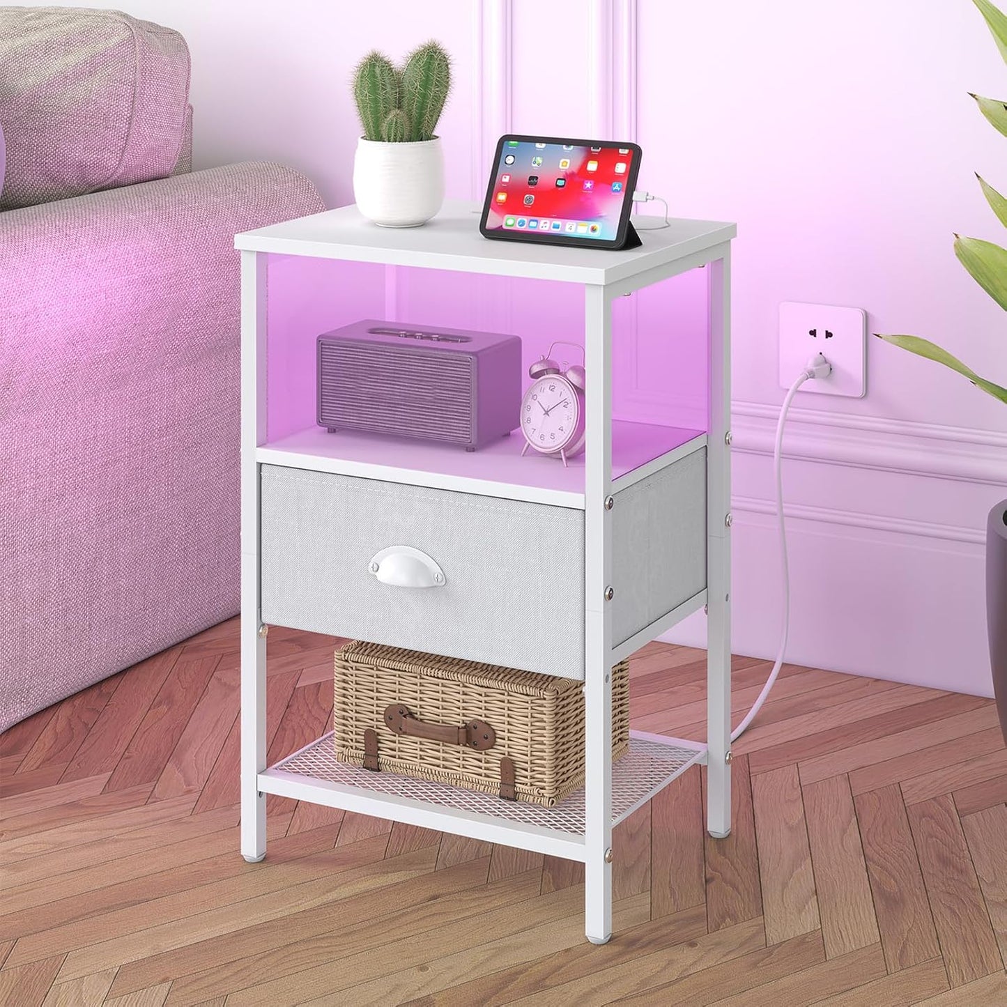 Sthmec Nightstands with Charging Station, LED Bedside Tables with Charging Station and Fabric Drawer, Night Stand with Storage, 3 Tier Side Table with Open Shelf, LED Nightstand Bedside Table,White