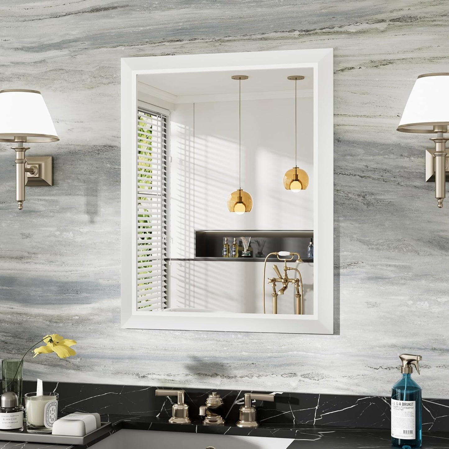 24x30 Inch White Bathroom Mirror for Wall, Thick Metal Framed Rectangle Mirrors for Over Sink, Bedroom, Living Room, Entryway, Anti-Rust, HD Tempered Glass