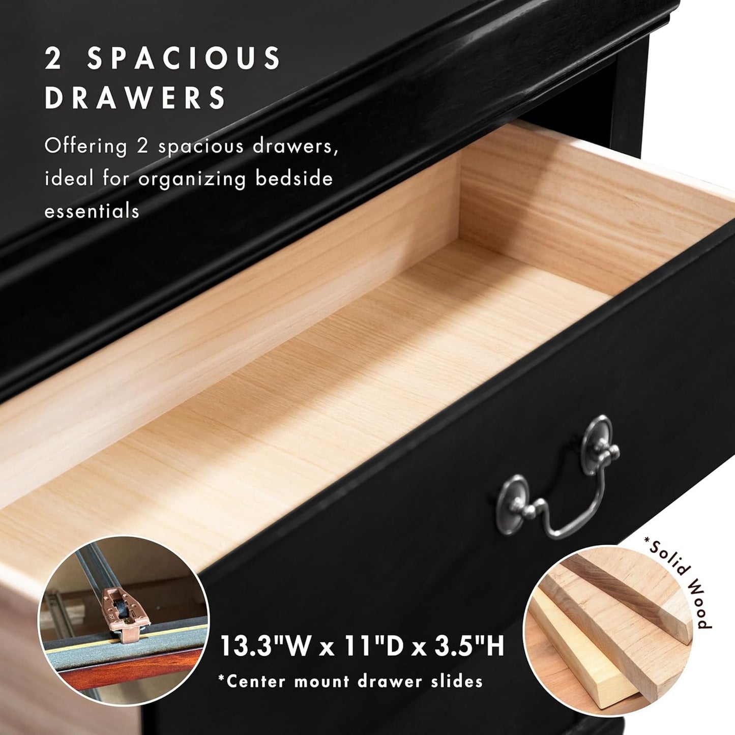 Furniture of America Arabella Traditional Solid Wood Nightstands Set of 2, Bedside Table with Drawers and Antique Nickle Handles, No Assembly Wooden Night Stands for Bedrooms, Guest Room, Dorm, Black