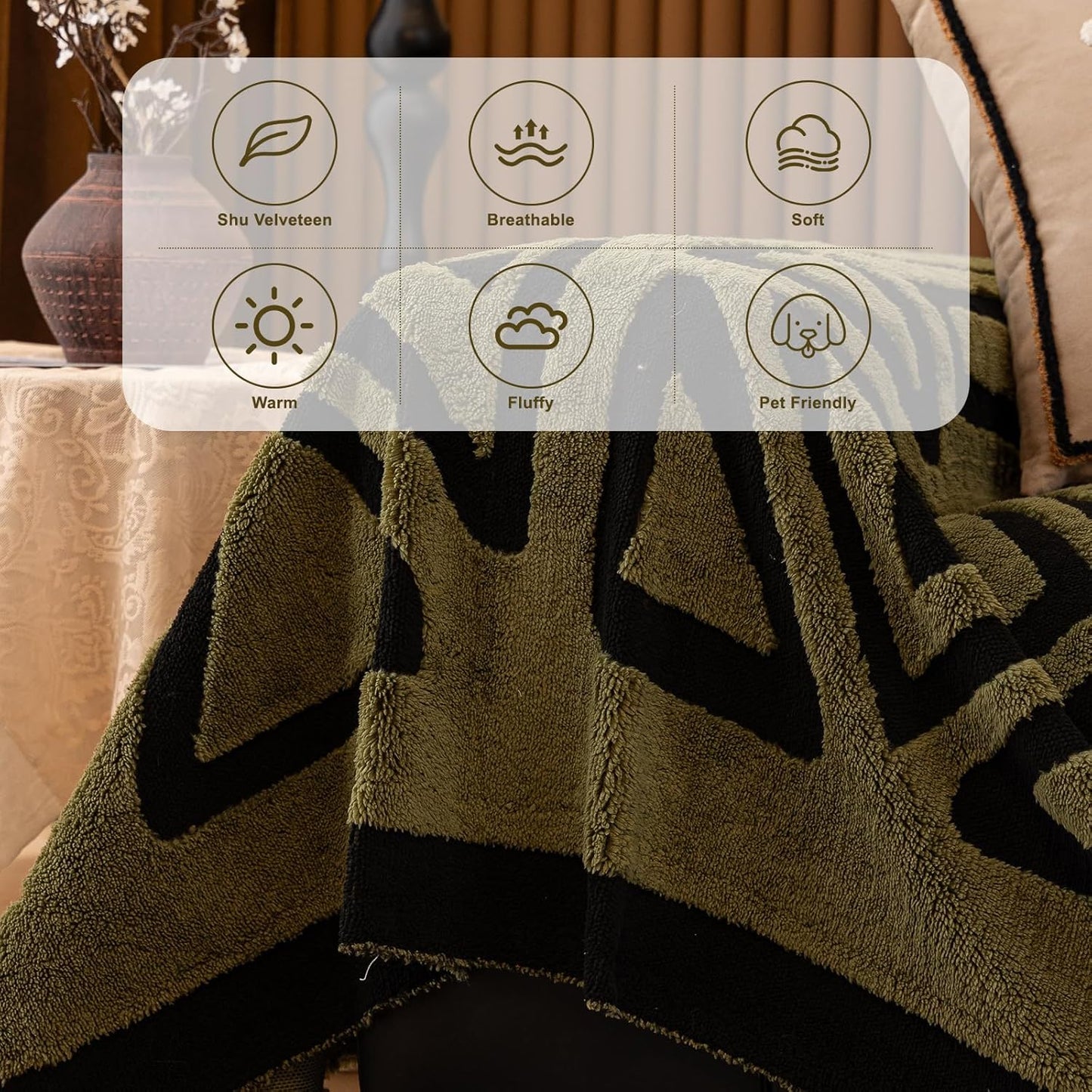 HANDONTIME Olive Green Sofa Covers for Sectional Sofa Boho Couch Cover for Dogs Christmas Green Throw Couch Cover Shu Velveteen Black Loveseat Covers Short Plush L Shaped Cover Washable, 71" X118"