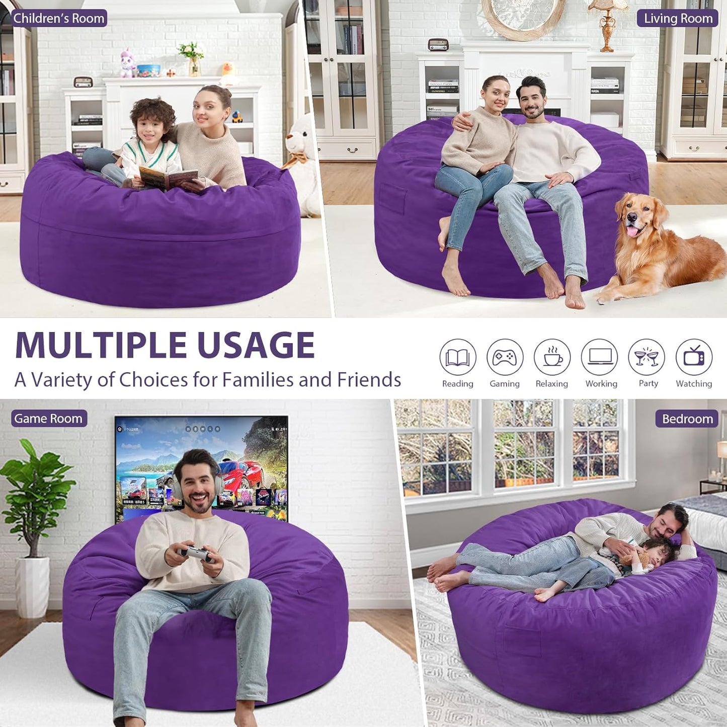 4FT Bean Bag Chair, Large Bean Bag Chairs with Memory Foam Filled, Fluffy Beanbag Sofa with Dutch Velvet Cover, Round BeanBag Chairs for Living Room, Playroom - Purple