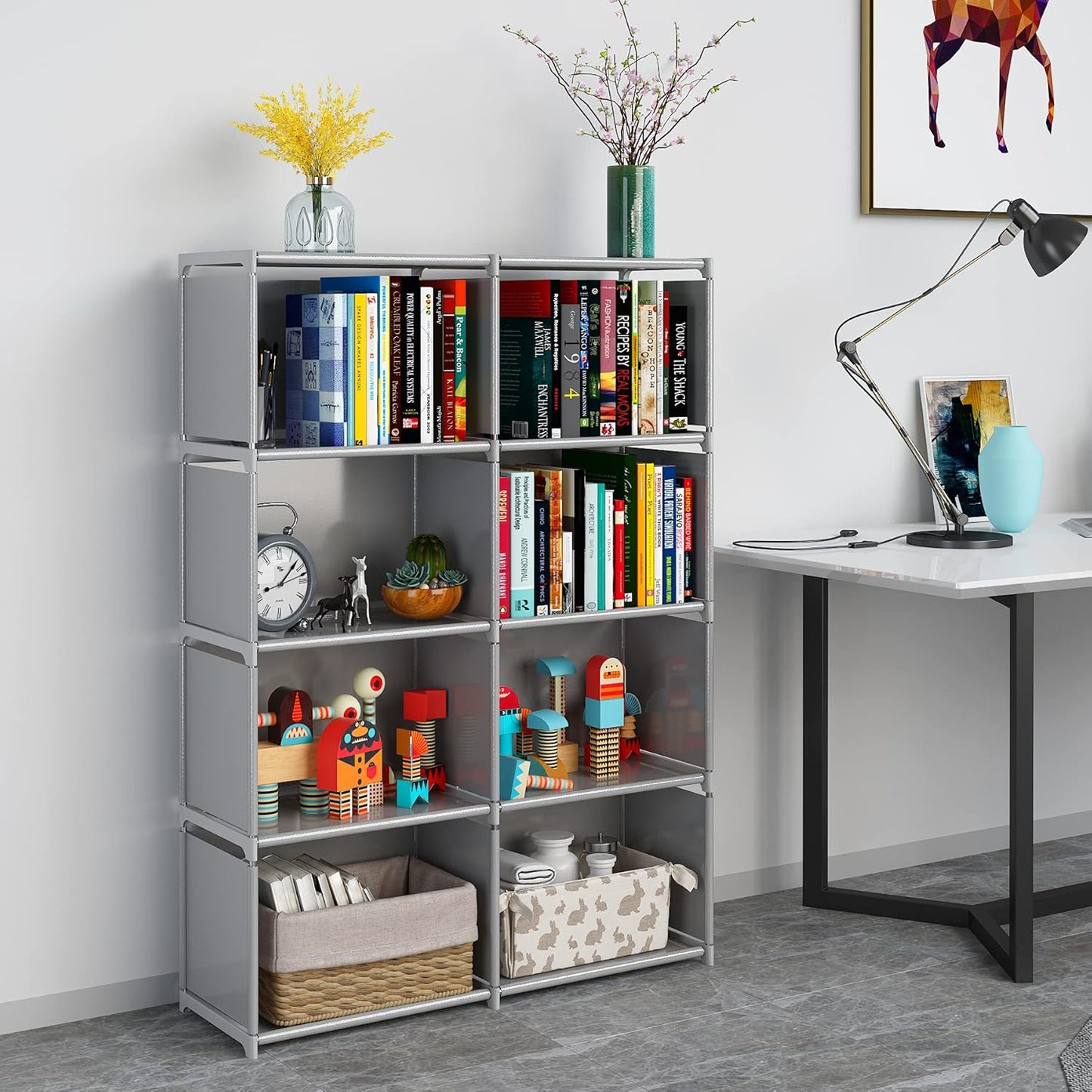 JIUYOTREE 5-Tiers Closet Storage Organizer with Fabric Cloth at Back，Double Row Modular Cubes Bookshelf,Living Room,Study Room,Bedroom,Grey