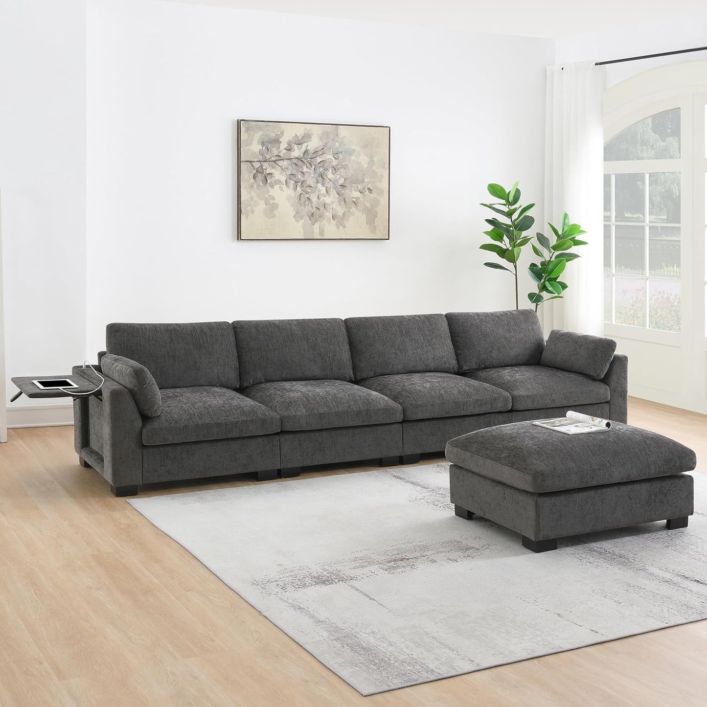 Ball & Cast Oversized Modular L Shaped Sectional Sofa W/Movable Ottoman and USB Ports,5 Seater Comfy Cloud Couch W/2 Armrest Pillows,Folding Table & Side Pocket,for Living Room,Apartment,Charcoal,130"