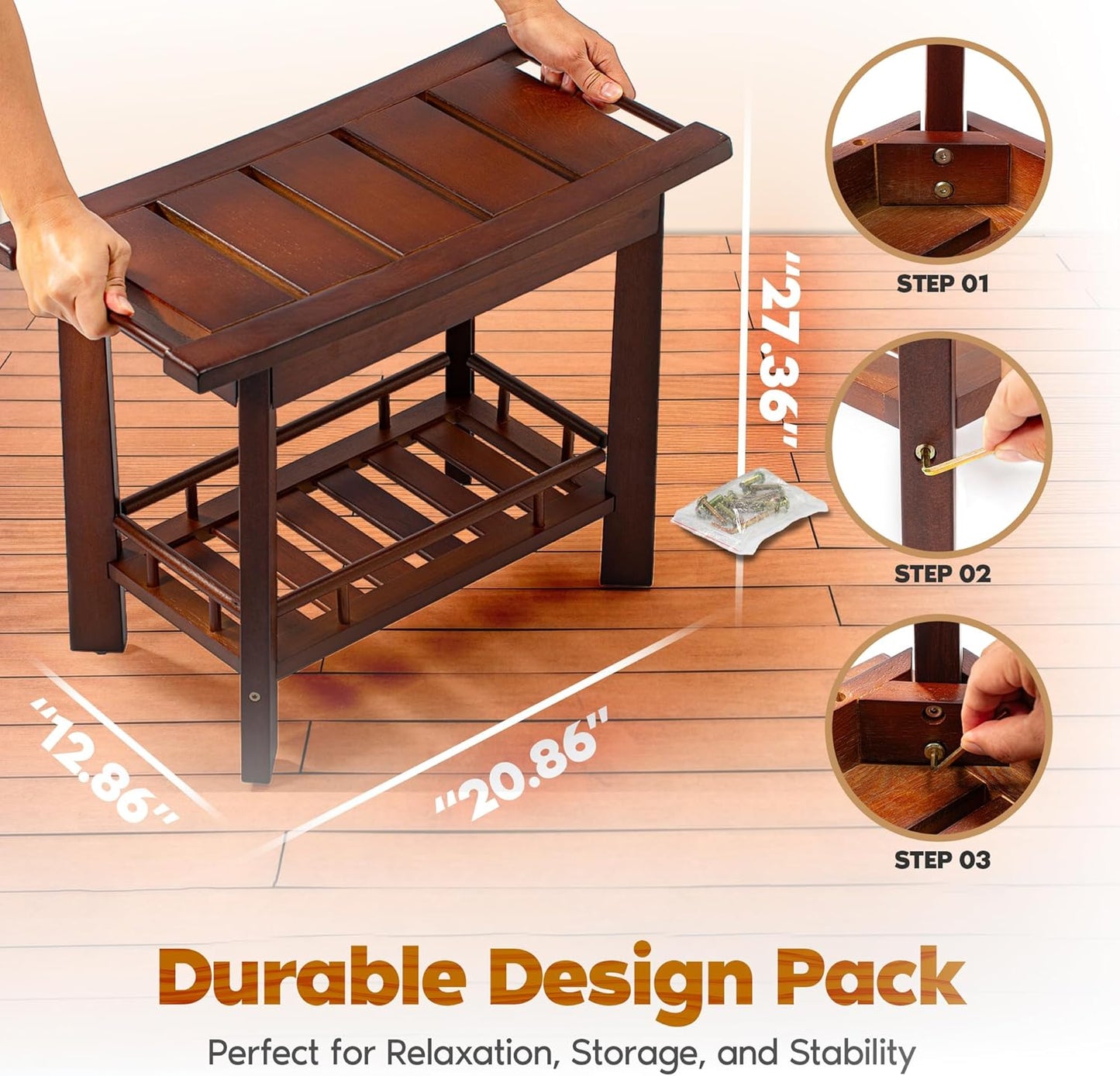 21" Teak Shower Bench for Inside – Luxury Spa-Style Comfort, FSC Certified Durable Teak Wood, Water-Resistant, Ergonomic Seat, Anti-Skid Stability and Enclosed Storage Shelf, 350 lbs Capacity