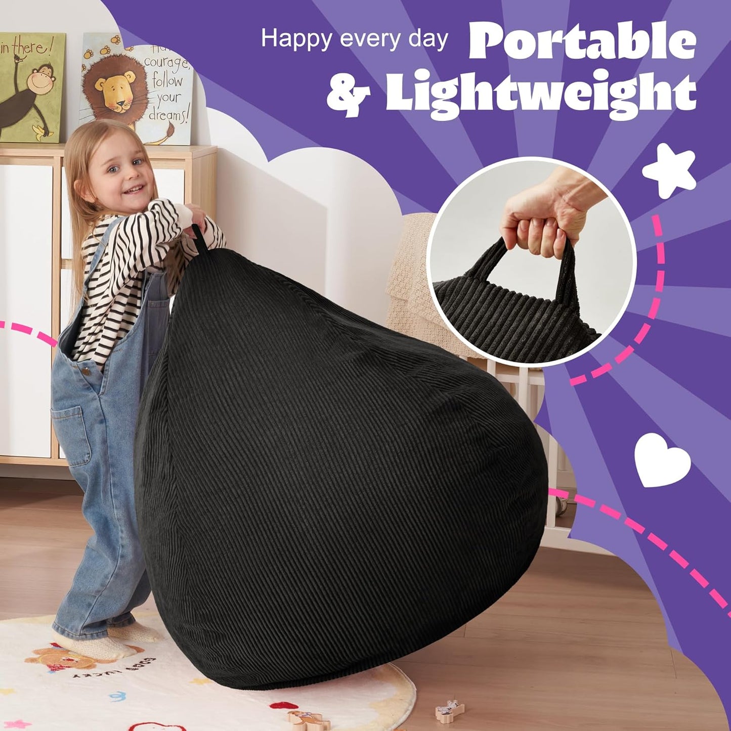 HABUTWAY 2 FT Bean Bag Chair,Giant Bean Bag Chairs,Big Bean Bags with Memory Foam Filled, Large Beanbag Chairs with Soft Corduroy Cover-Black