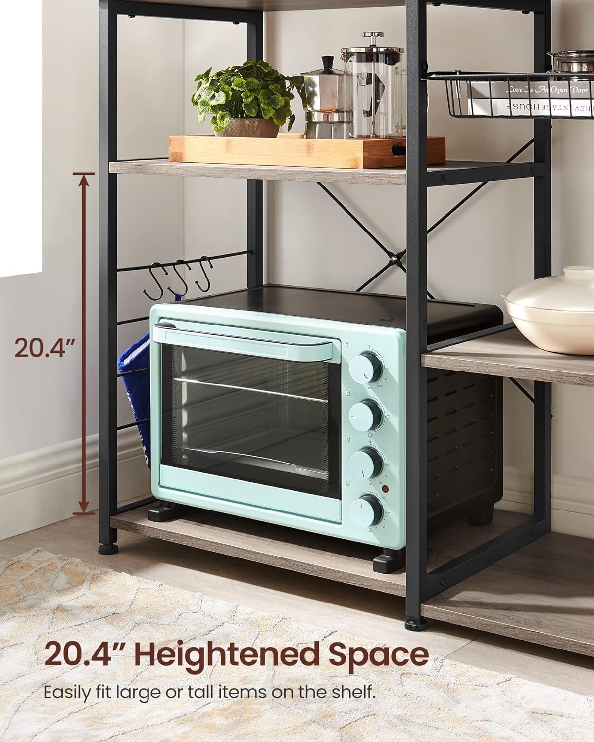 VASAGLE ALINRU Kitchen Baker’s Rack, Coffee Bar, Microwave Oven Stand, with Steel Frame, Wire Basket, 6 Hooks, for Mini Oven, Spices Utensils, Industrial, Greige and Black UKKS090B02