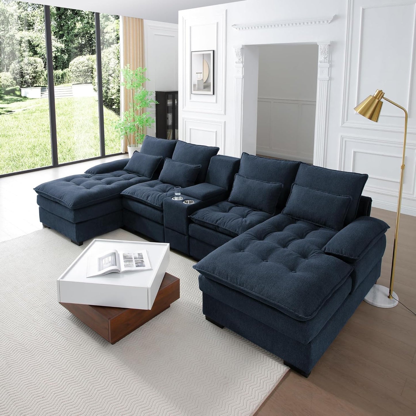 KEIKI 130" U-Shaped 6 seat Sofa with Storage Console, Cup Holders, Upholstered Sectional Sofa, Button Tufted Cloud Cushion Couch for Home, Office, Apartment, Blue