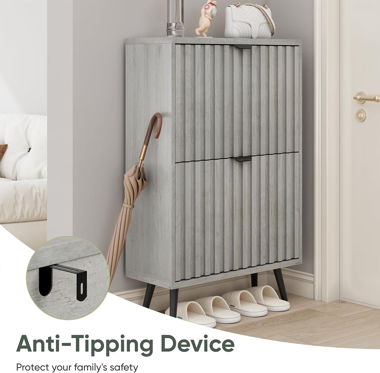 Smuxee Shoe Cabinet with 2 Flip Drawers, 23.6" Grey Hidden Shoe Storage Cabinet with Fluted Design, Freestanding Shoe Organizer Cabinet for Entryway, Hallway, Living Room, Closet