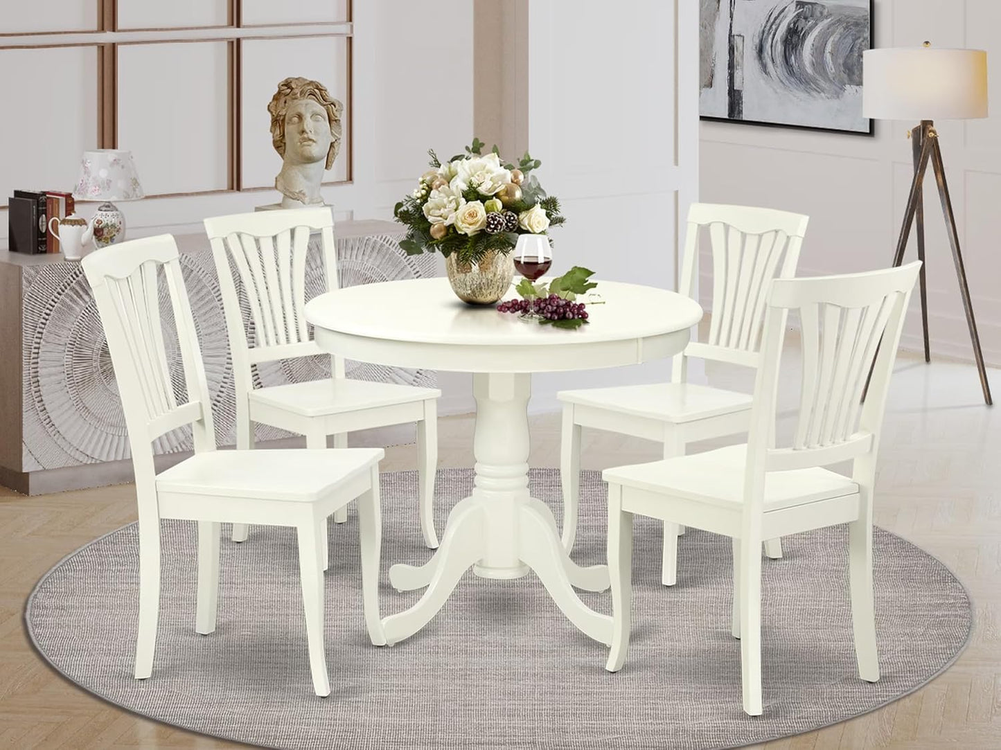 East West Furniture ANAV5-LWH-W 5 Piece Dining Room Table Set Includes a Round Kitchen Table with Pedestal and 4 Dining Chairs, 36x36 Inch, Linen White