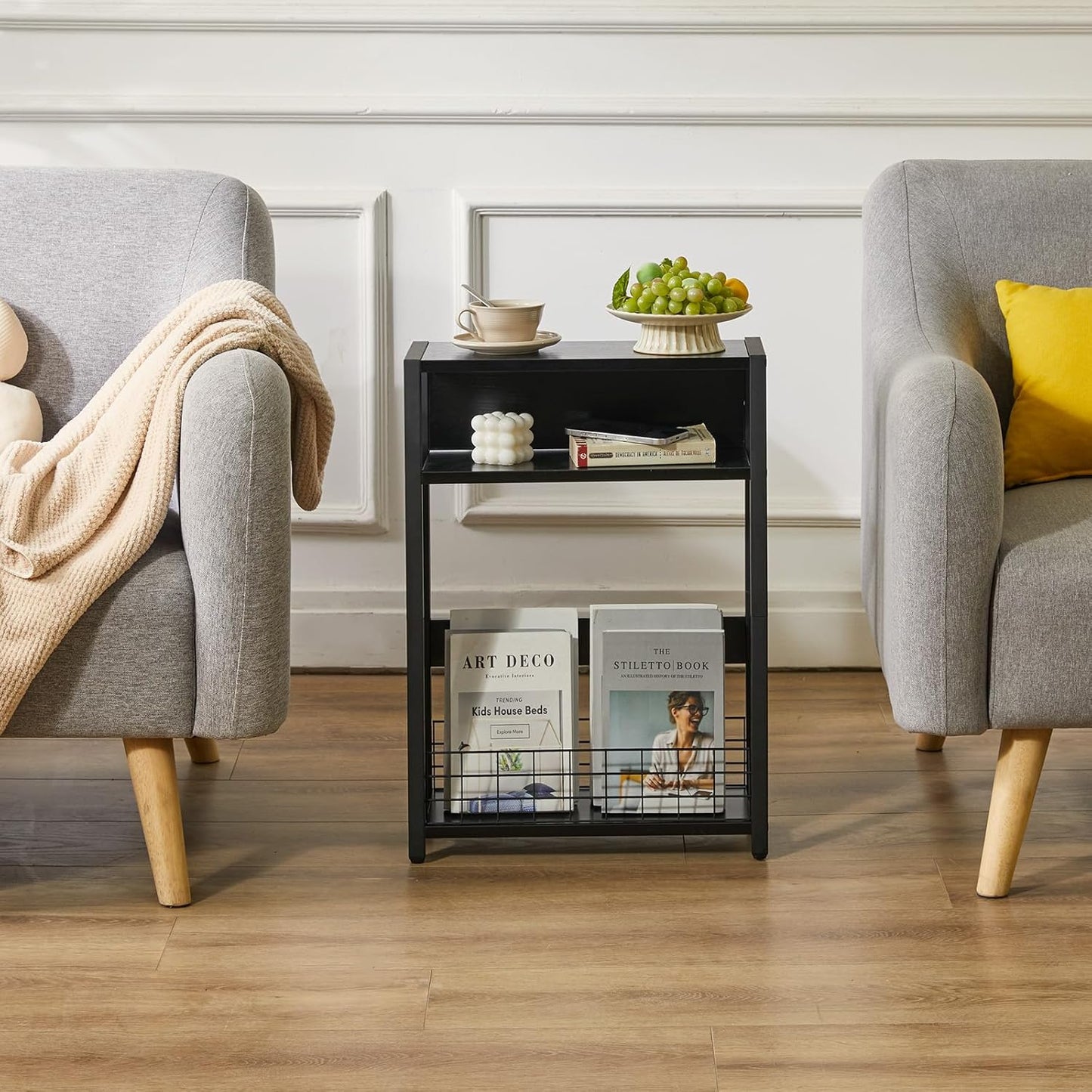 IBUYKE Narrow Side Table with Storage Shelf, 3 Tier End Table,Modern Sofa Table,Small Nightstand with Magazine Rack,Telephone Table for Small Spaces,for Living Room, Bedroom,Black UTMZ001B