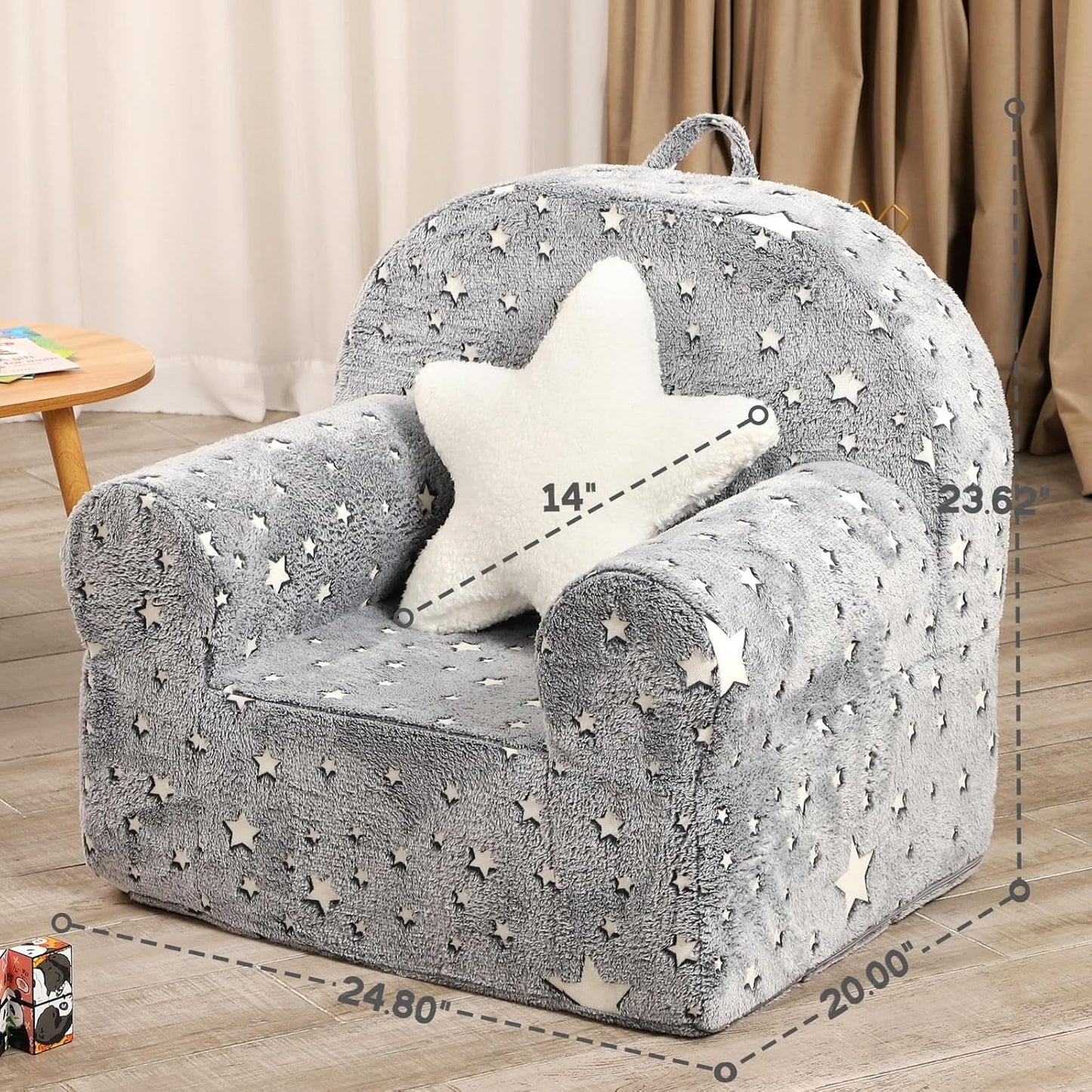 Little Star Kids Sofa with Star Throw Pillow, High Back Toddler Chair Glow in The Dark for Boys and Girls, Grey