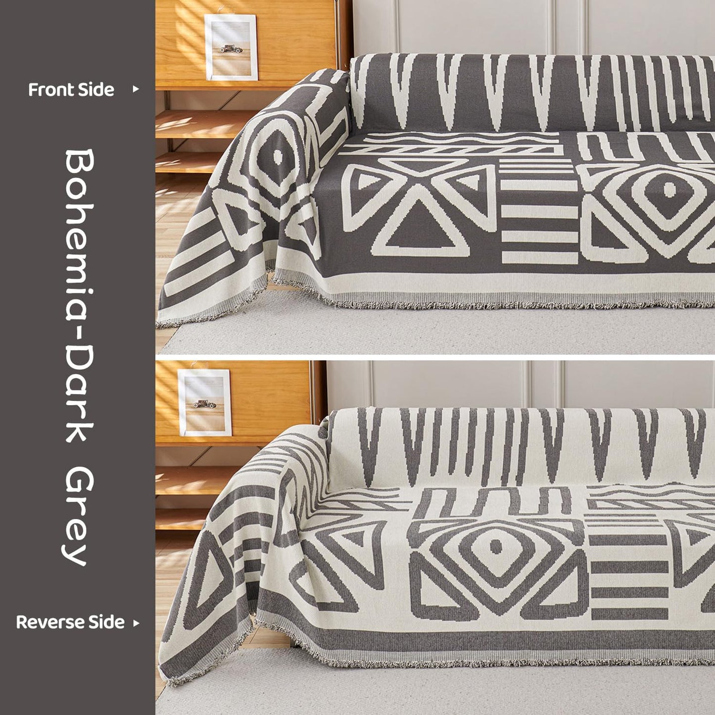 STACYPIK Dark Grey Chenille Couch Covers, Boho Sofa Covers for 2 Cushion Couch, Loveseat Couch for Sectional, Non Slip Couch Cover Tassels for L-Shaped, Multi-Use Jacquard Decorative Blanket-71X118IN