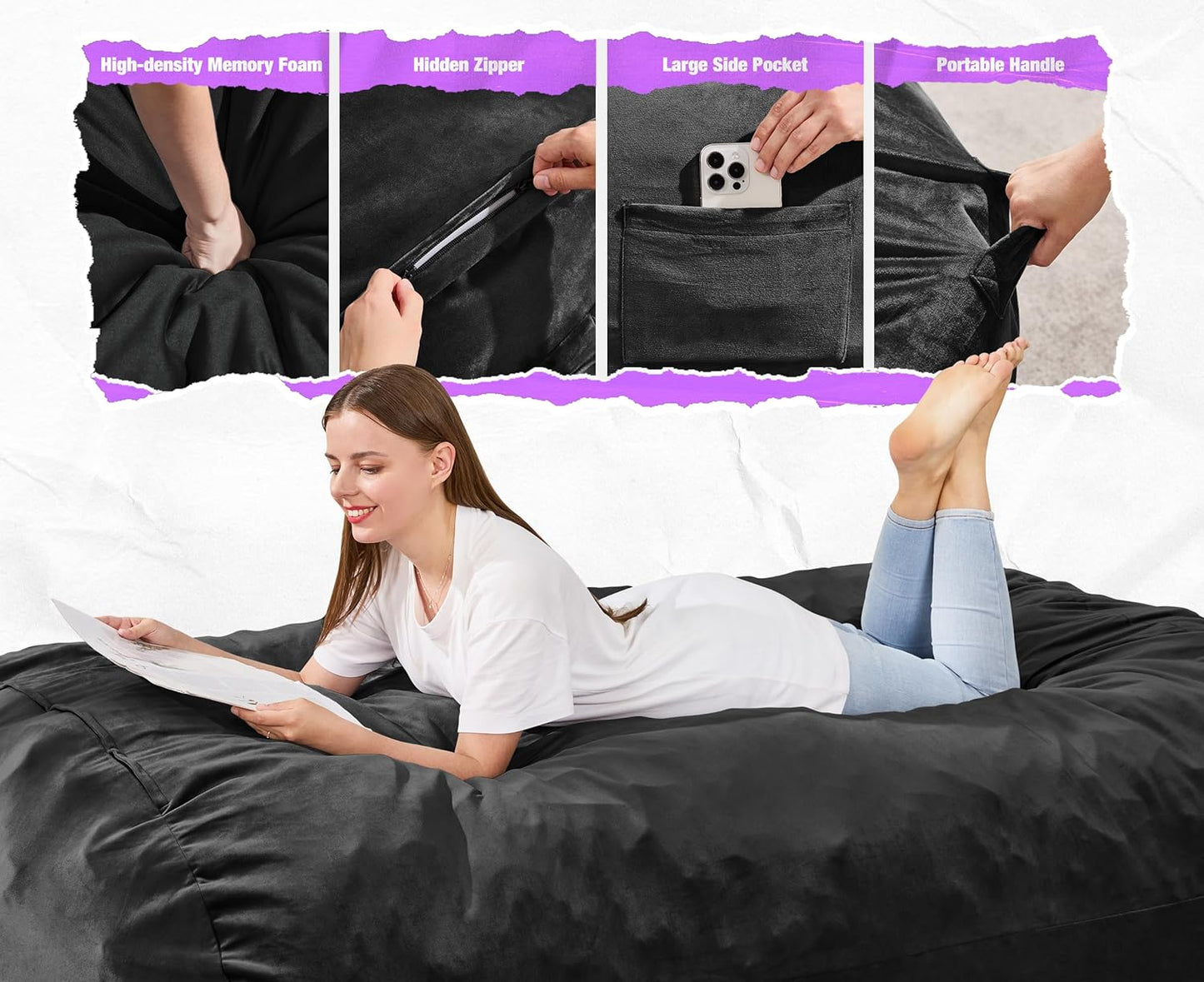 Hobestluk 5FT Bean Bag Chair Large Beanbag Lounger with Removable Cover Adult Bean Bag Chair with Portable Handle Desgin for Living Room Bedroom (Black, 5FT)