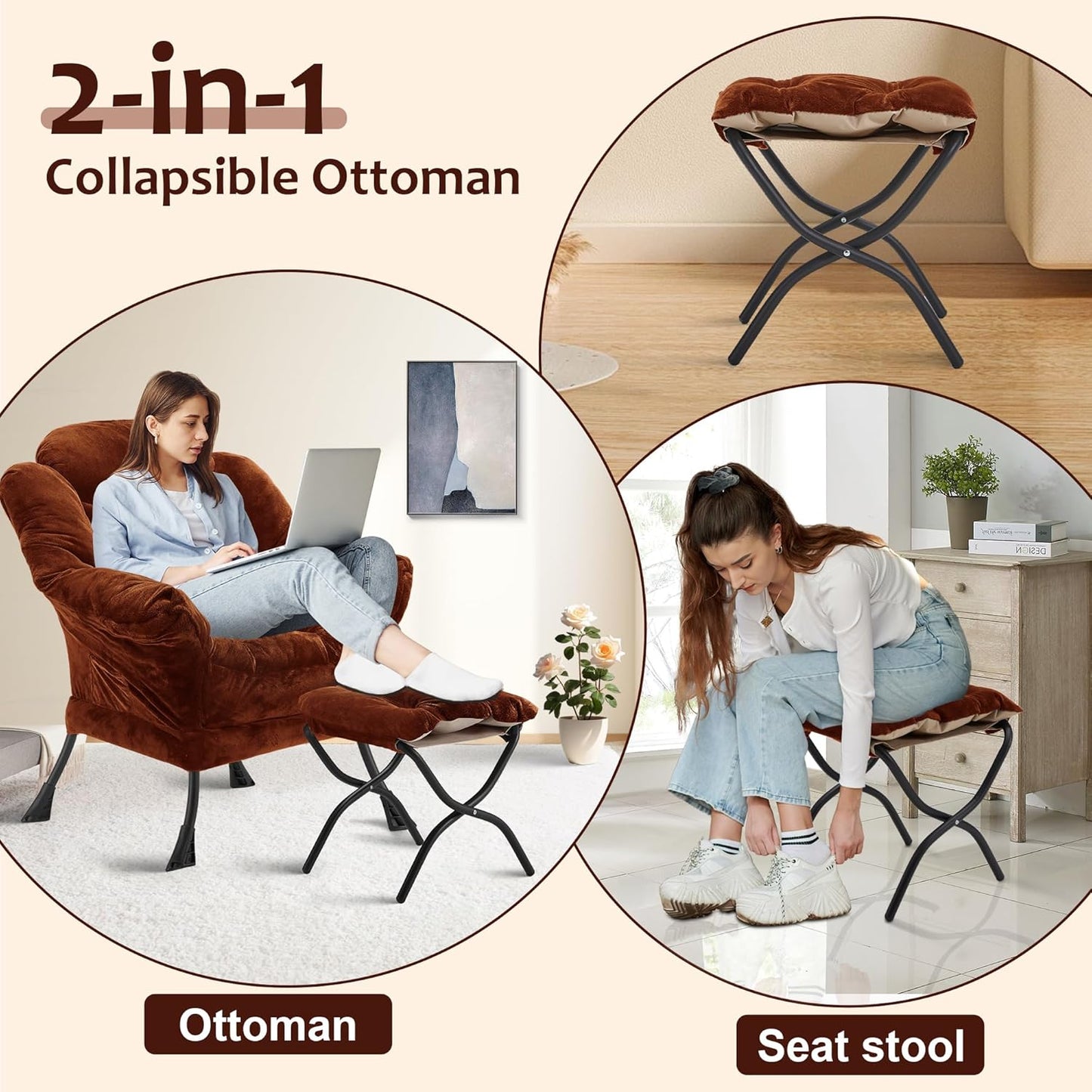 Fabric Lazy Chair with Ottoman, Oversized Upholstered Sofa Chair for Adults, Plush Comfy Lounge Chair with Large Side Storage Pocket, Reading Chair for Living Room, Bedroom, Study Room, Brown