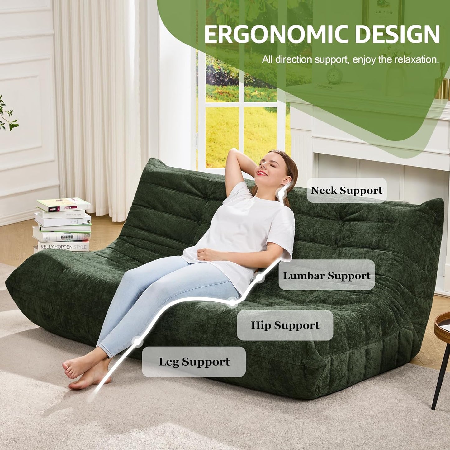 Hobestluk Bean Bag Chairs for Adults Giant Bean Bag Chair Memory Foam BeanBag Chair Bean Bag Sofa with Filler Faux Fur Fireside Beanbags Lazy Sofa for Living Room Bedroom (Green Chenille, 3-Seater)