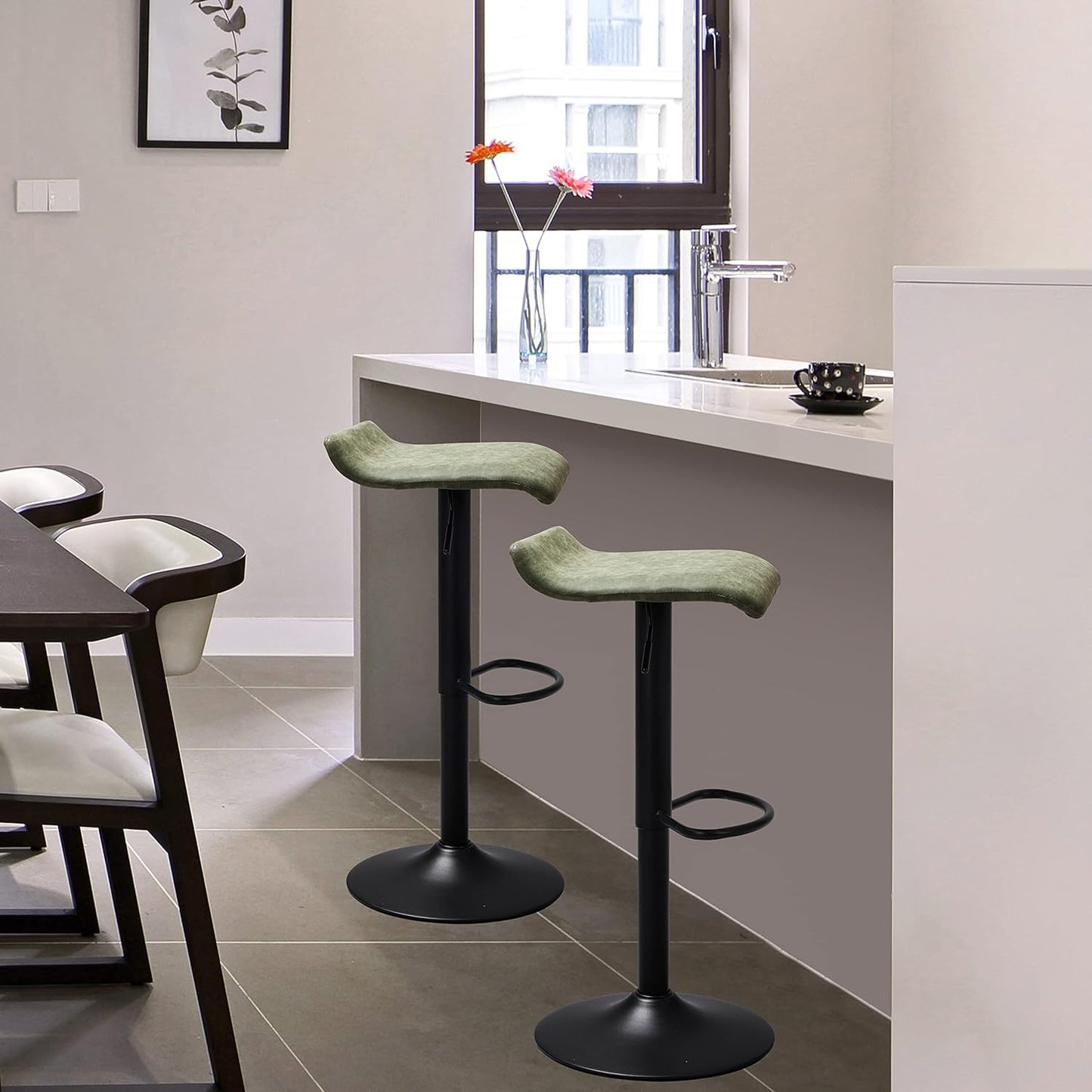 Finnhomy Bar Stools Set of 2 Counter Height, Swivel Barstools with Footrest and Backless, Height Adjustable Modern Bar stools for Kitchen, Vintage Leather, Retro Green